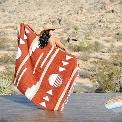 Vibrant Maroon & Tan Mexican Blanket: Authentic Handmade Serape for Beach, Yoga, Camping, or Decor