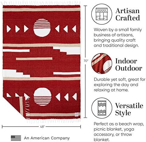 Vibrant Maroon & Tan Mexican Blanket: Authentic Handmade Serape for Beach, Yoga, Camping, or Decor