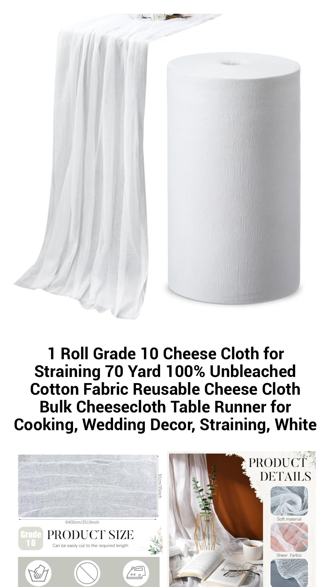 Premium Grade 10 Cheesecloth Roll - 70 Yards of 100% Unbleached Cotton Fabric for Straining, Cooking, DIY Crafts, and Elegant Wedding Decor