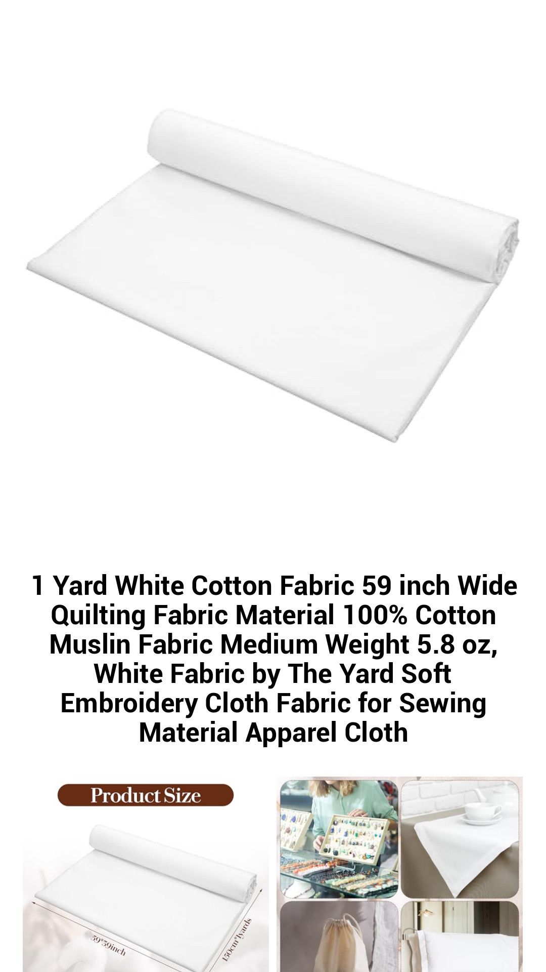 1 Yard White Cotton Fabric 59 inch Wide Quilting Fabric Material 100% Cotton Muslin Fabric Medium Weight 5.8 oz, White Fabric by The Yard Soft Embroidery Cloth Fabric for Sewing Material Apparel Cloth 1 Yard White Cotton Fabric 59 inch Wide Quilting Fabric Material 100% Cotton Muslin Fabric Medium Weight 5.8 oz, White Fabric by The Yard Soft Embroidery Cloth Fabric for Sewing Material Apparel Cloth