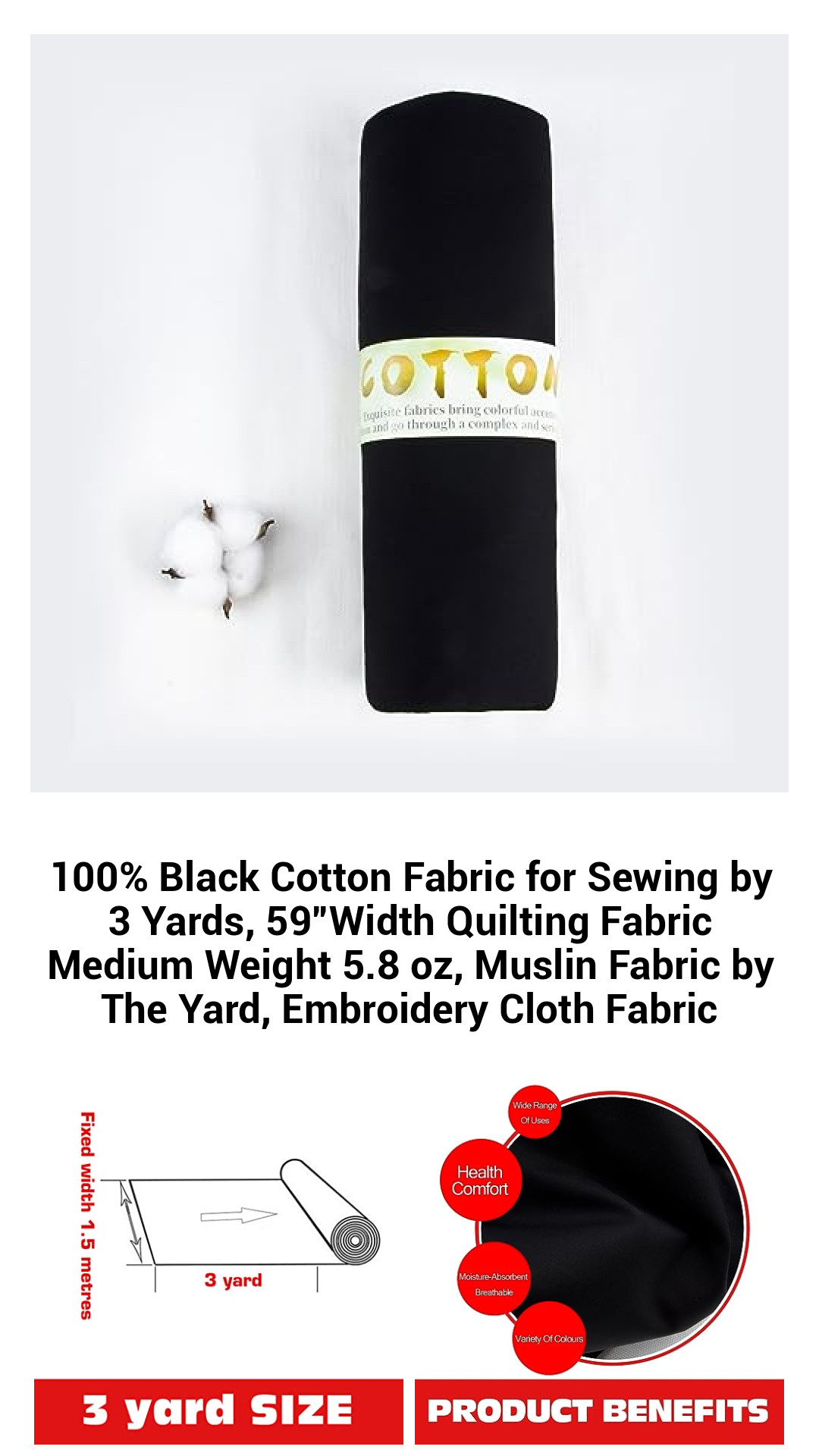 100% Black Cotton Fabric for Sewing by 3 Yards, 59”Width Quilting Fabric Medium Weight 5.8 oz, Muslin Fabric by The Yard, Embroidery Cloth Fabric 100% Black Cotton Fabric for Sewing by 3 Yards, 59”Width Quilting Fabric Medium Weight 5.8 oz, Muslin Fabric by The Yard, Embroidery Cloth Fabric