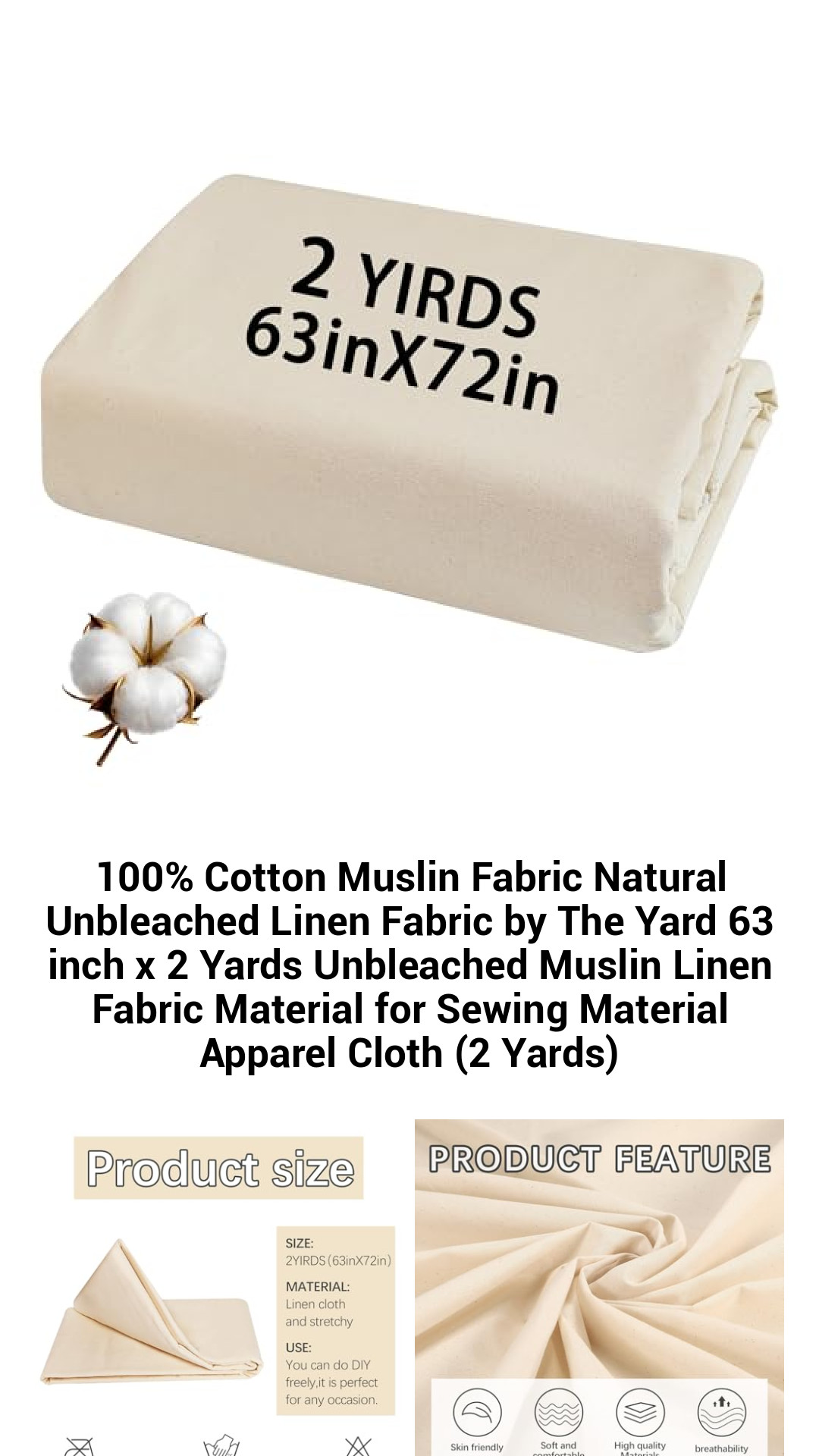 Premium 100% Cotton Unbleached Muslin Fabric - Soft Natural Linen Material for Sewing and Crafting - 63 Inches Wide, Available by the Yard (2 Yards)