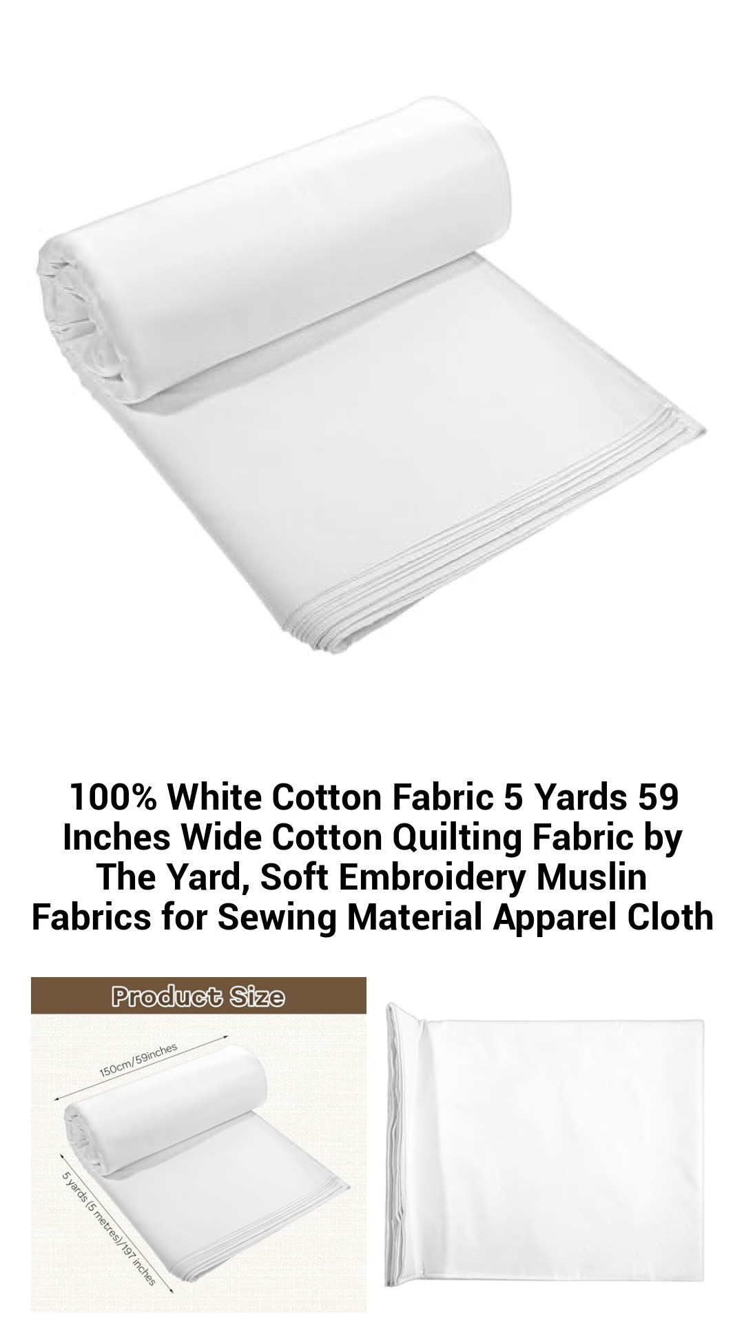 Premium 100% White Cotton Quilting Fabric - 5 Yards of Soft, Durable Muslin for Sewing, Embroidery, and DIY Projects