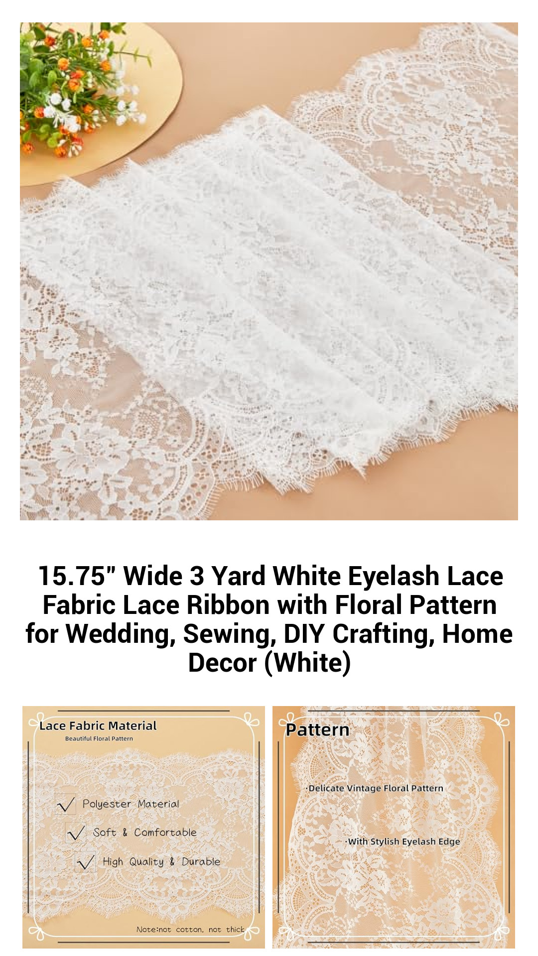 Luxurious 15.75-Inch Wide White Eyelash Lace Fabric - 3 Yards of Floral Patterned Lace Ribbon for Weddings, Sewing, Crafts, and Home Decor