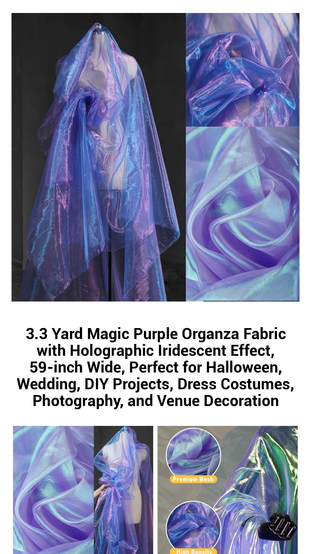 Enchanting 3.3 Yard Purple Organza Fabric with Holographic Finish, 59-Inch Wide - Ideal for Halloween, Weddings, DIY Crafts, Costumes, and Stunning Photography Backdrops