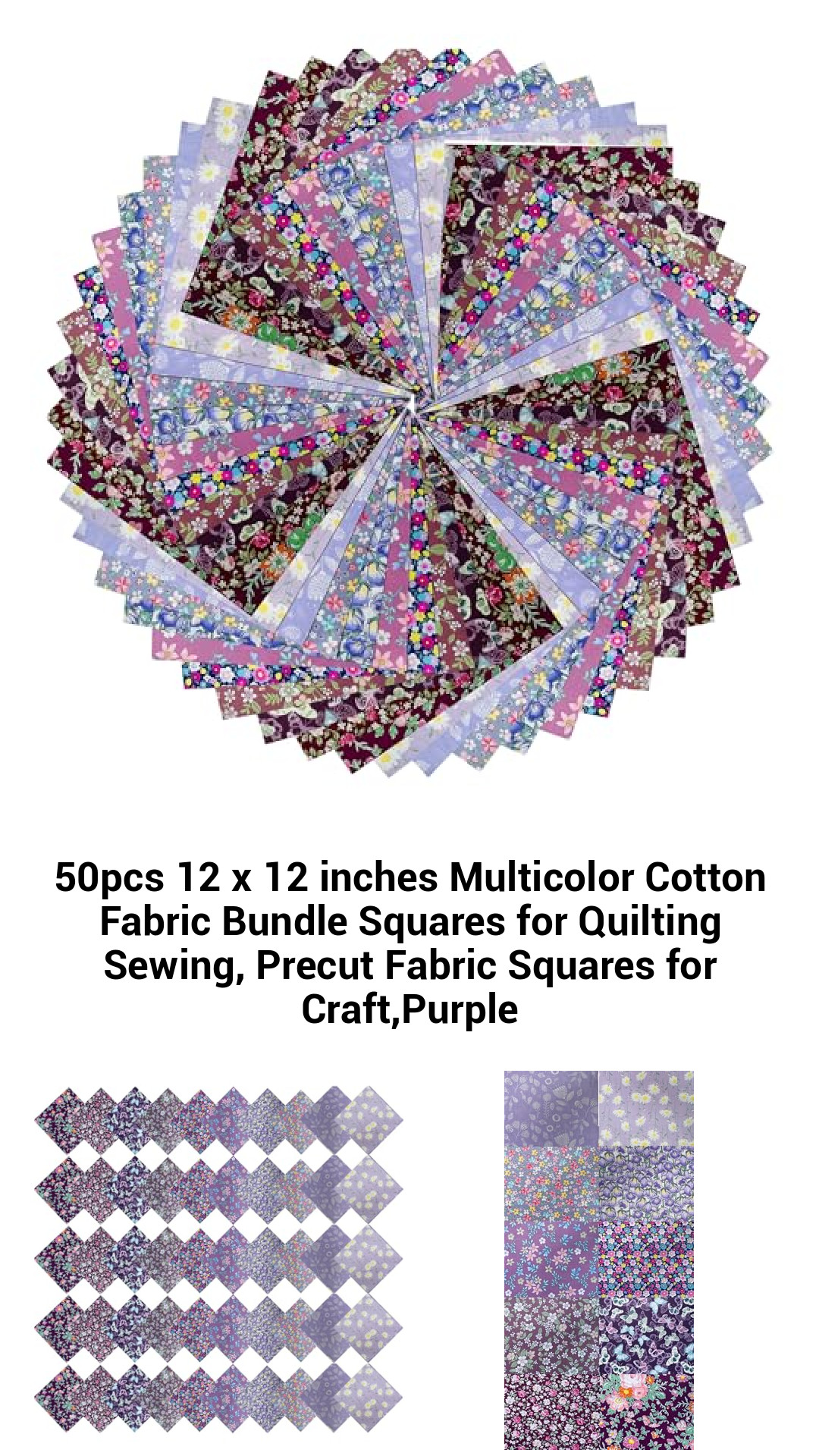 50-Piece 12x12 Multicolor Cotton Fabric Squares Bundle for Quilting, Crafting, and DIY Projects - Soft, Pre-Cut Floral Fabrics for Creative Sewers