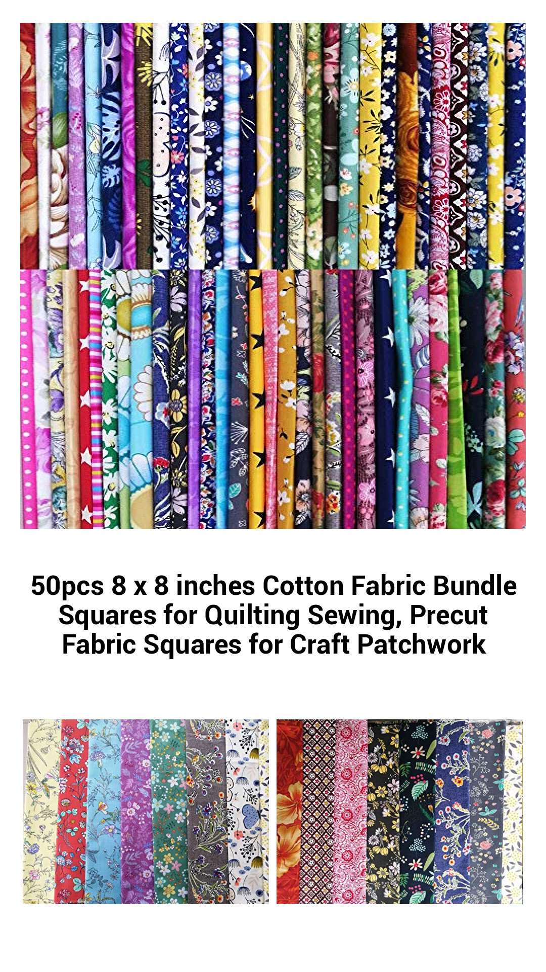50-Piece Assorted 8x8 Inch 100% Cotton Fabric Squares for Quilting, Sewing, and Crafting Projects
