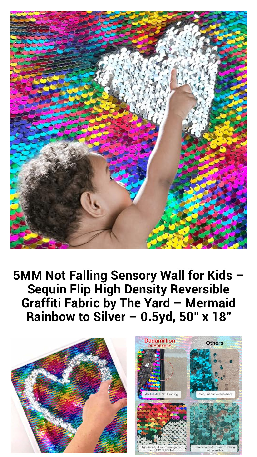 High-Density Reversible Sequin Fabric – Non-Falling Mermaid Rainbow to Silver Sensory Wall for Kids – 0.5 Yards of Fun by The Yard