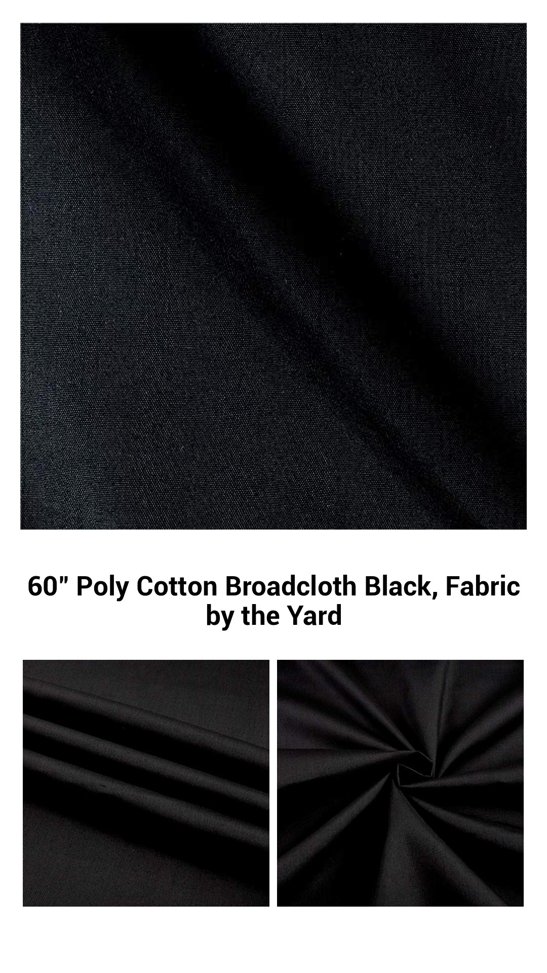 Luxurious 60" Black Poly Cotton Broadcloth Fabric - Ideal for Dresses, Uniforms, and Home Decor