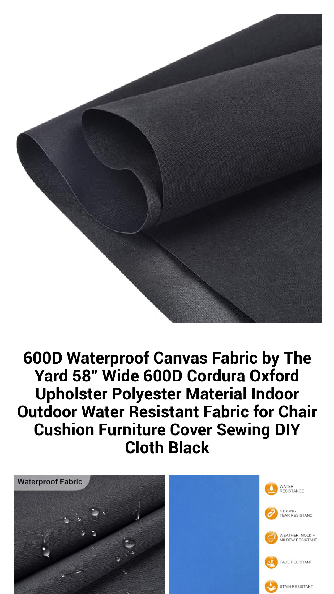 Heavy-Duty 600D Waterproof Cordura Canvas Fabric - 58" Wide, Durable Water-Resistant Polyester for Indoor/Outdoor Upholstery, DIY Projects, and Furniture Covers