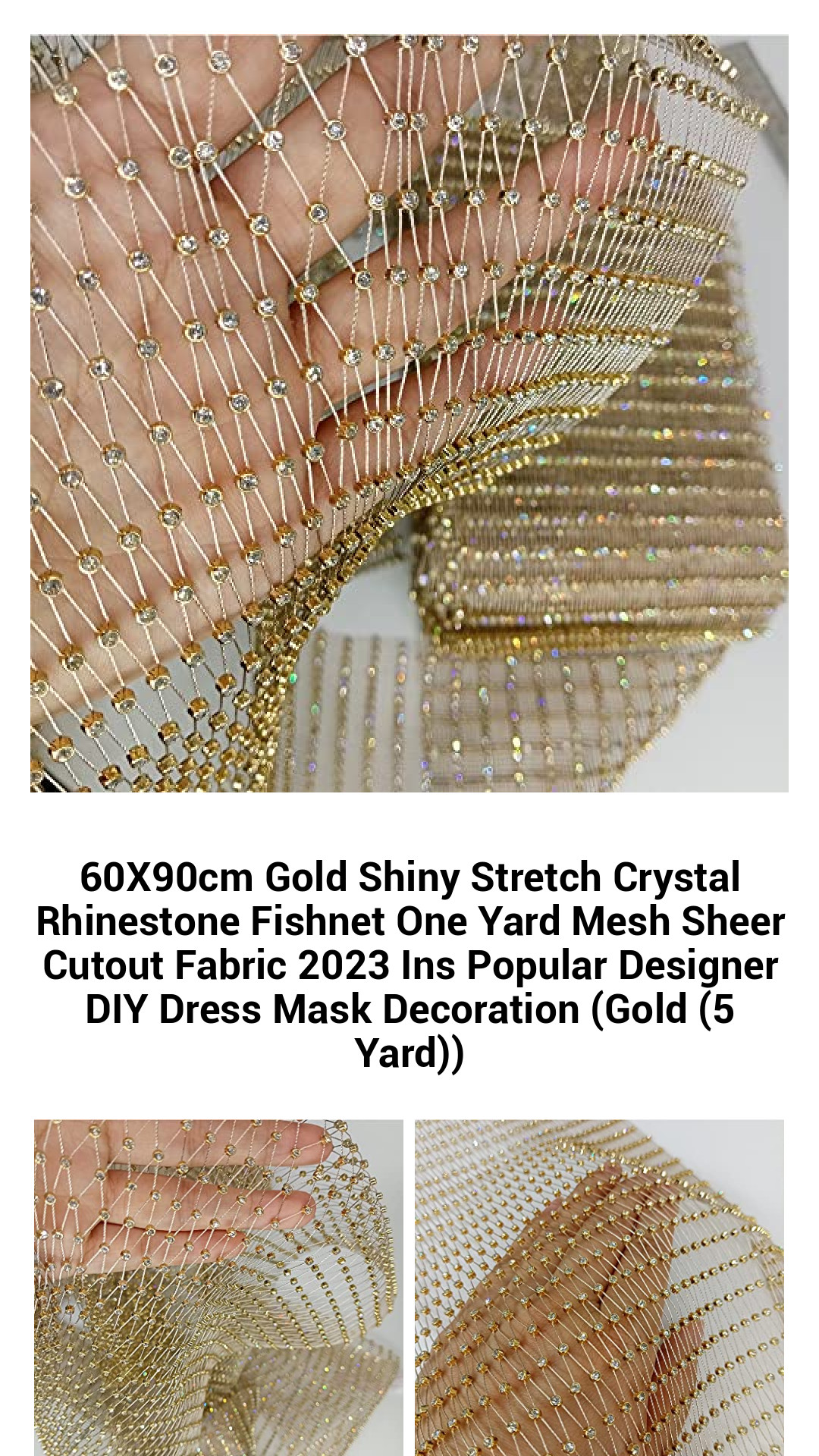 Luxurious 60x90cm Gold Rhinestone Fishnet Mesh Fabric - Sparkling Crystal Stretch Cutout for DIY Fashion and Home Decor