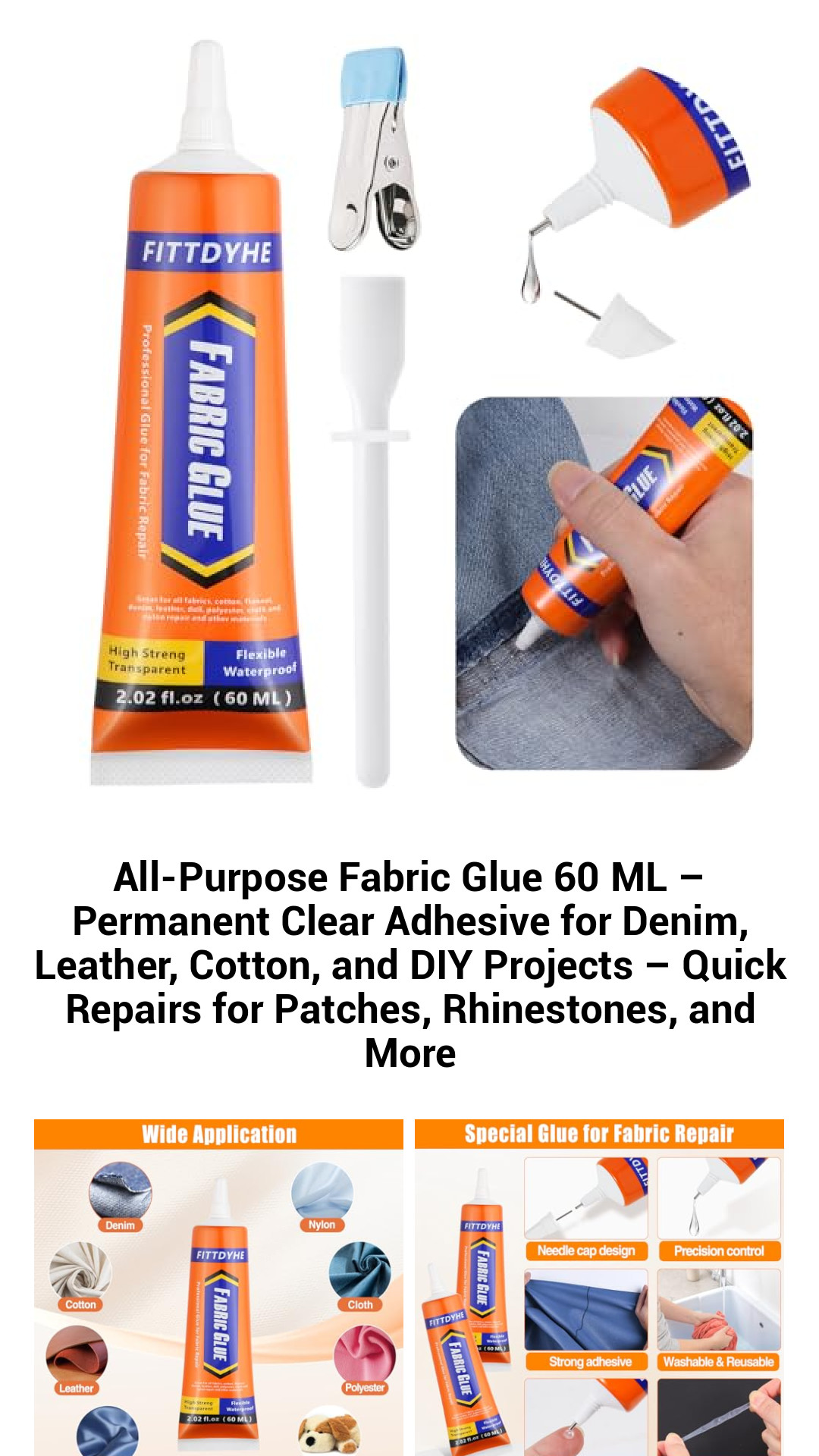 All-Purpose Fabric Glue 60 ML – Permanent Clear Adhesive for Denim, Leather, Cotton, and DIY Projects – Quick Repairs for Patches, Rhinestones, and More