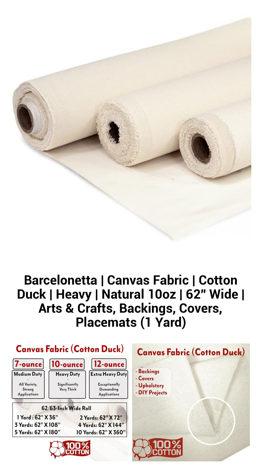 Premium Heavy-Duty Cotton Duck Canvas Fabric – Natural 10oz, 62" Wide | Ideal for Arts & Crafts, Covers, Placemats & More (1 Yard)