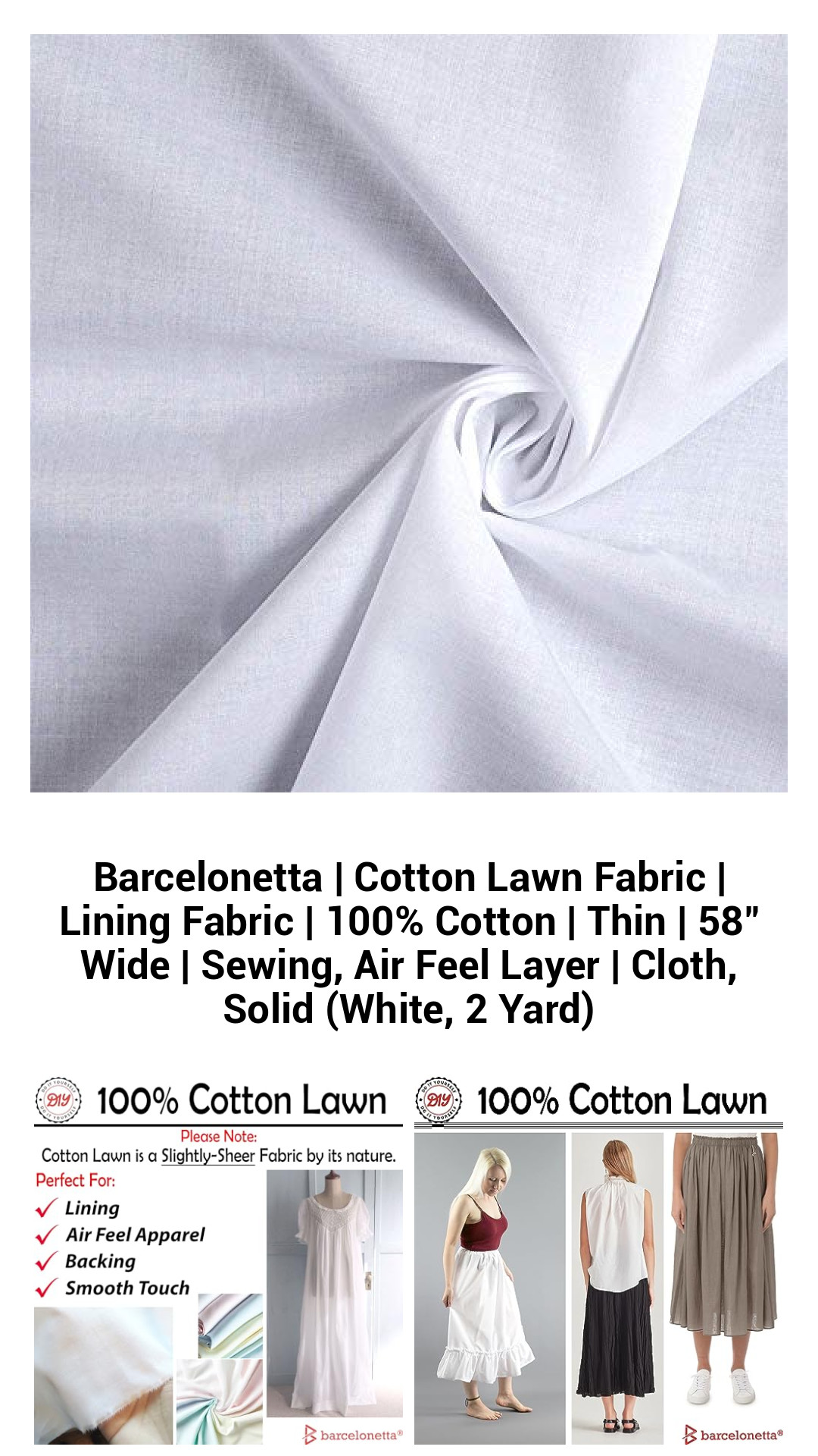 Premium 100% Cotton Lawn Fabric for Elegant Sewing Projects | Lightweight & Breathable Lining Fabric | 58" Wide, Solid White, Perfect for Dressmaking & Quilting (2 Yards)