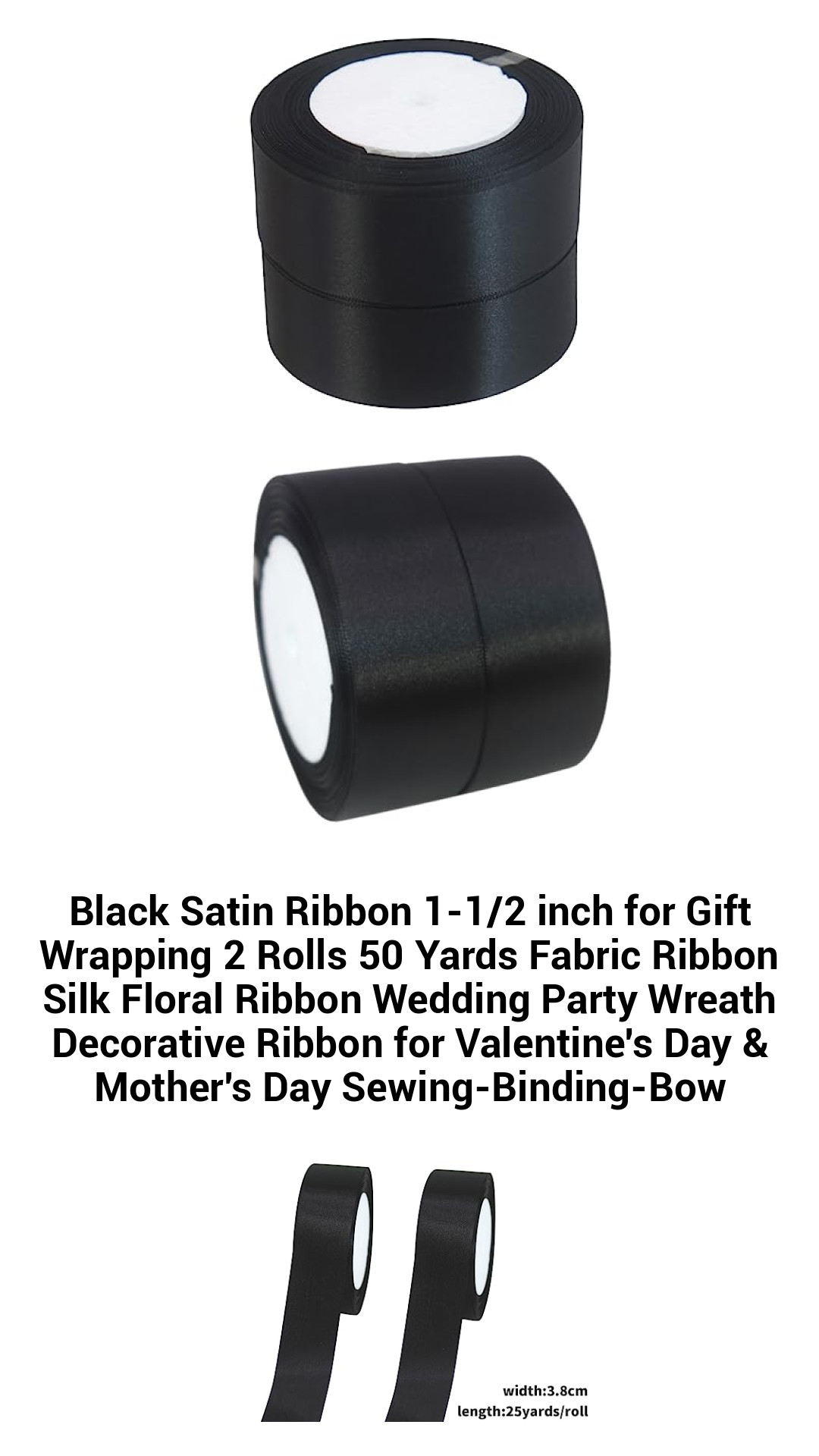 Luxurious Black Satin Ribbon - 1.5 Inch Wide for Gift Wrapping, Floral Arrangements, and Creative DIY Projects - 50 Yards in 2 Rolls for Weddings, Parties, and Special Occasions