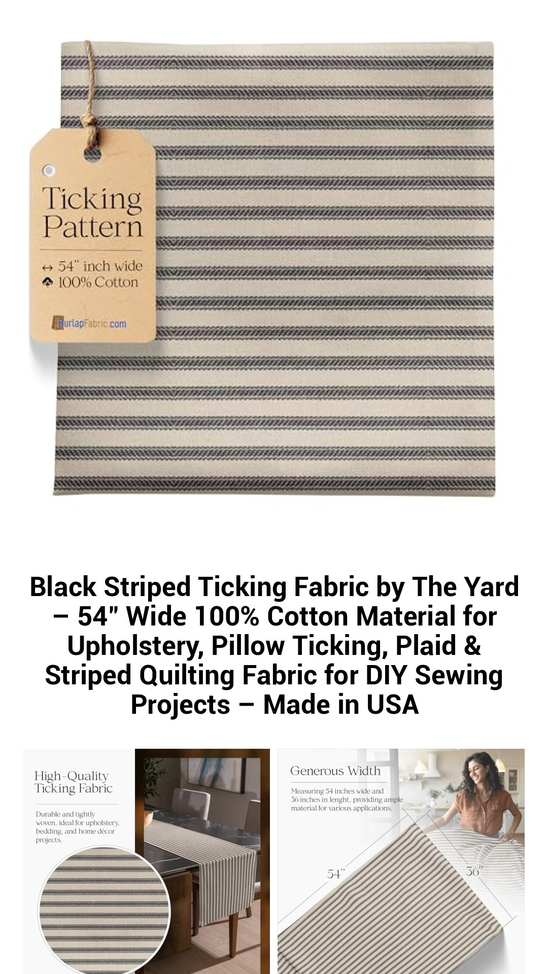 Black Striped Ticking Fabric by The Yard – 54" Wide 100% Cotton Material for Upholstery, Pillow Ticking, Plaid & Striped Quilting Fabric for DIY Sewing Projects – Made in USA Black Striped Ticking Fabric by The Yard – 54" Wide 100% Cotton Material for Upholstery, Pillow Ticking, Plaid & Striped Quilting Fabric for DIY Sewing Projects – Made in USA