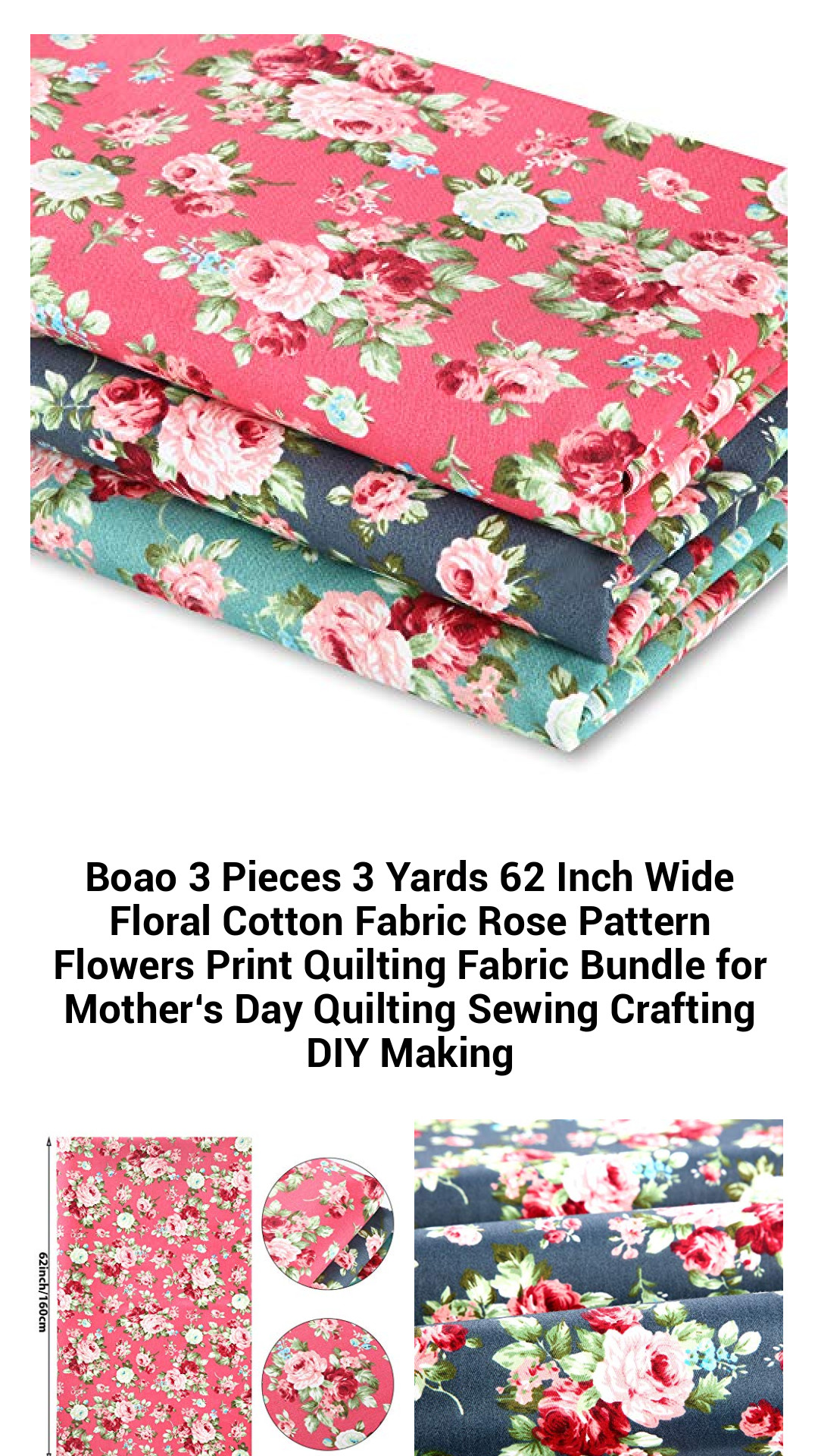 Exquisite Floral Cotton Fabric Bundle - 3 Pieces of 62-Inch Wide Rose Pattern Quilting Fabric for DIY Crafts and Sewing Projects