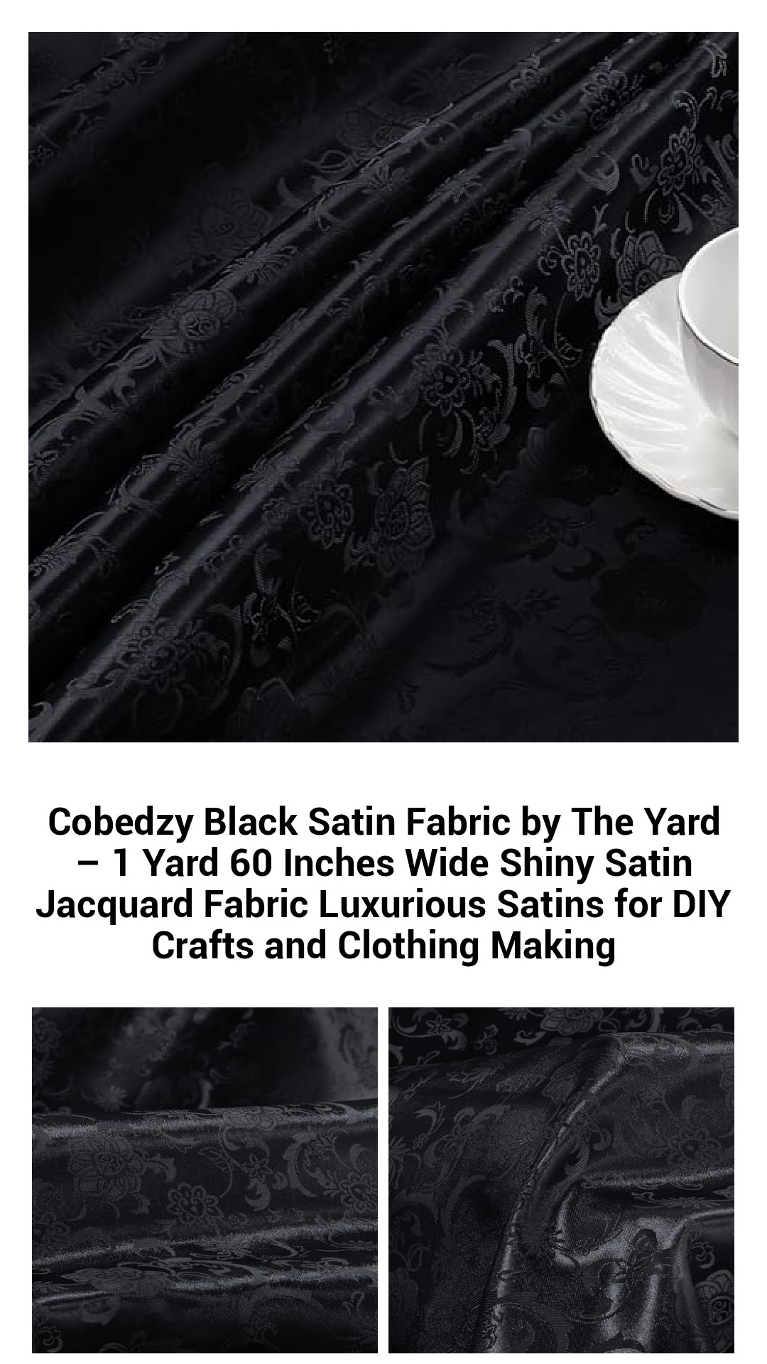 Luxurious Black Satin Jacquard Fabric – Premium 60-Inch Wide Satin for DIY Clothing, Crafts, and Home Decor – Sold by the Yard