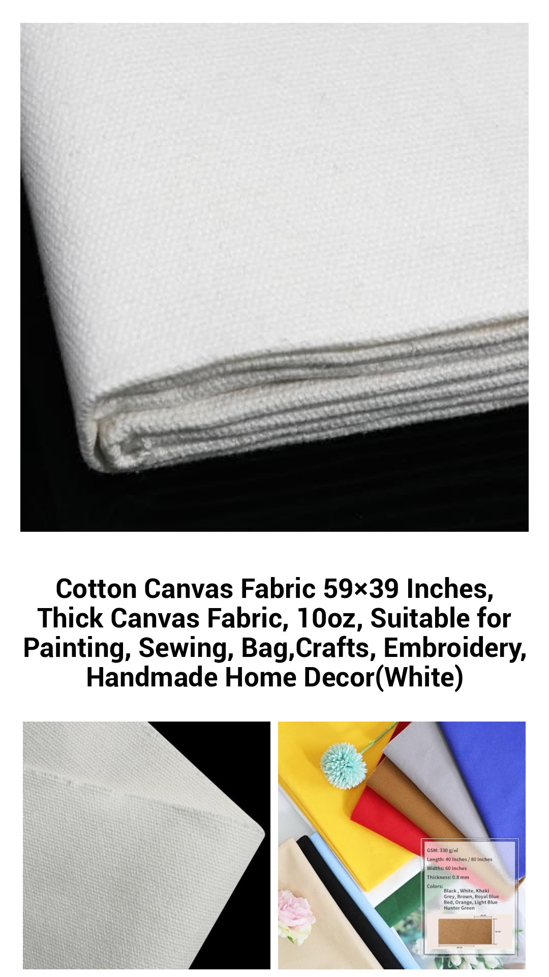 Premium Heavyweight Cotton Canvas Fabric 59x39 Inches - Versatile 10oz Crafting Fabric for Sewing, Painting, and Home Decor Projects in Multiple Colors