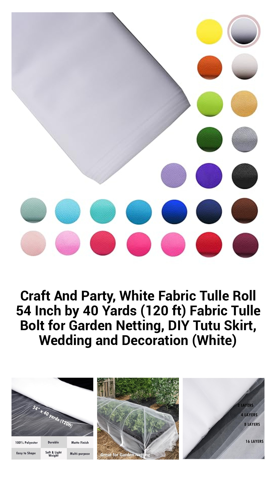 Craft And Party, White Fabric Tulle Roll 54 Inch by 40 Yards (120 ft) Fabric Tulle Bolt for Garden Netting, DIY Tutu Skirt, Wedding and Decoration (White) Craft And Party, White Fabric Tulle Roll 54 Inch by 40 Yards (120 ft) Fabric Tulle Bolt for Garden Netting, DIY Tutu Skirt, Wedding and Decoration (White)
