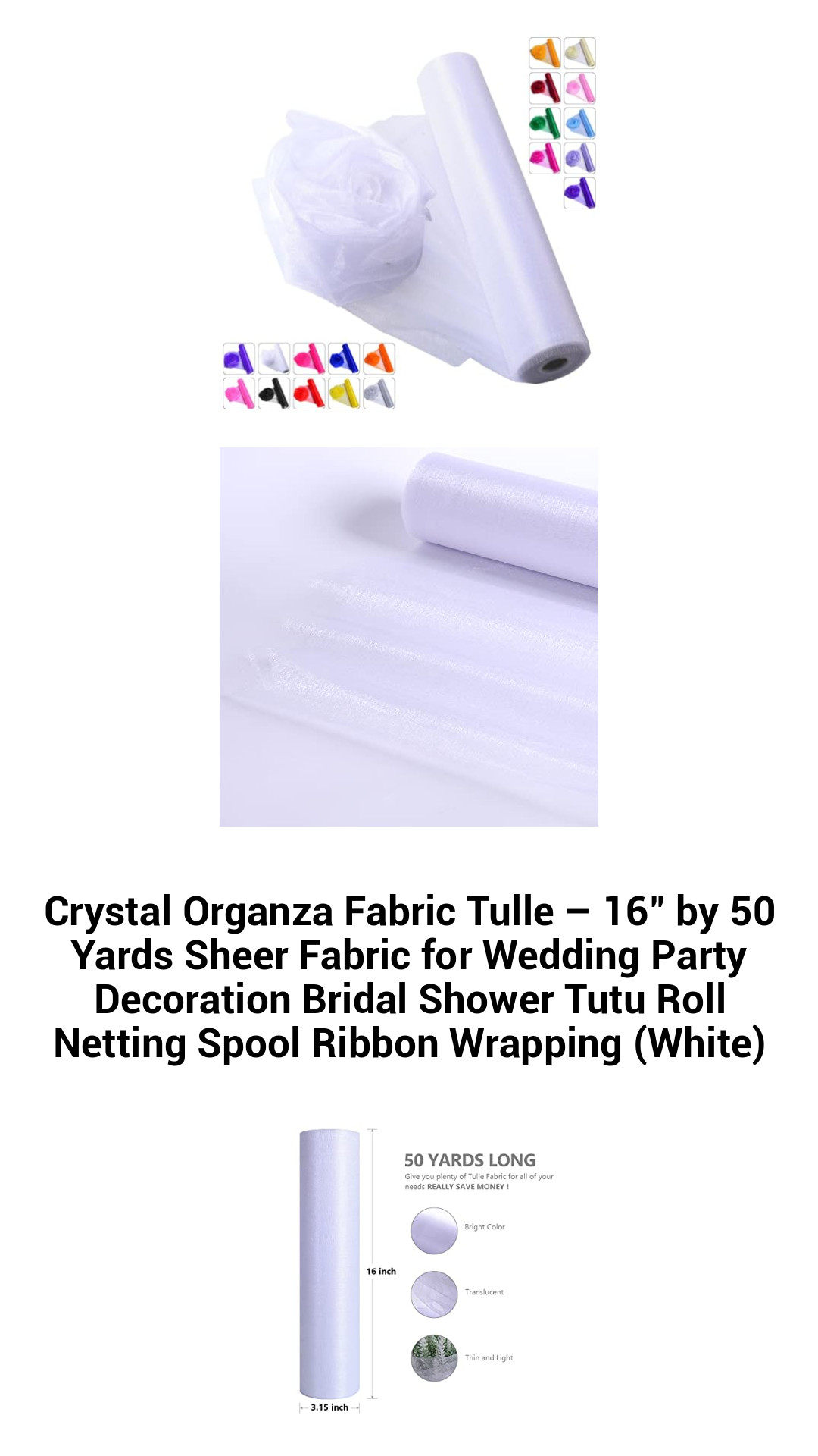 Sparkling Crystal Organza Tulle Fabric – 16" x 50 Yards Sheer Wedding & Party Decoration Material, Perfect for Tutu, Gift Wrapping, and Event Styling (White)
