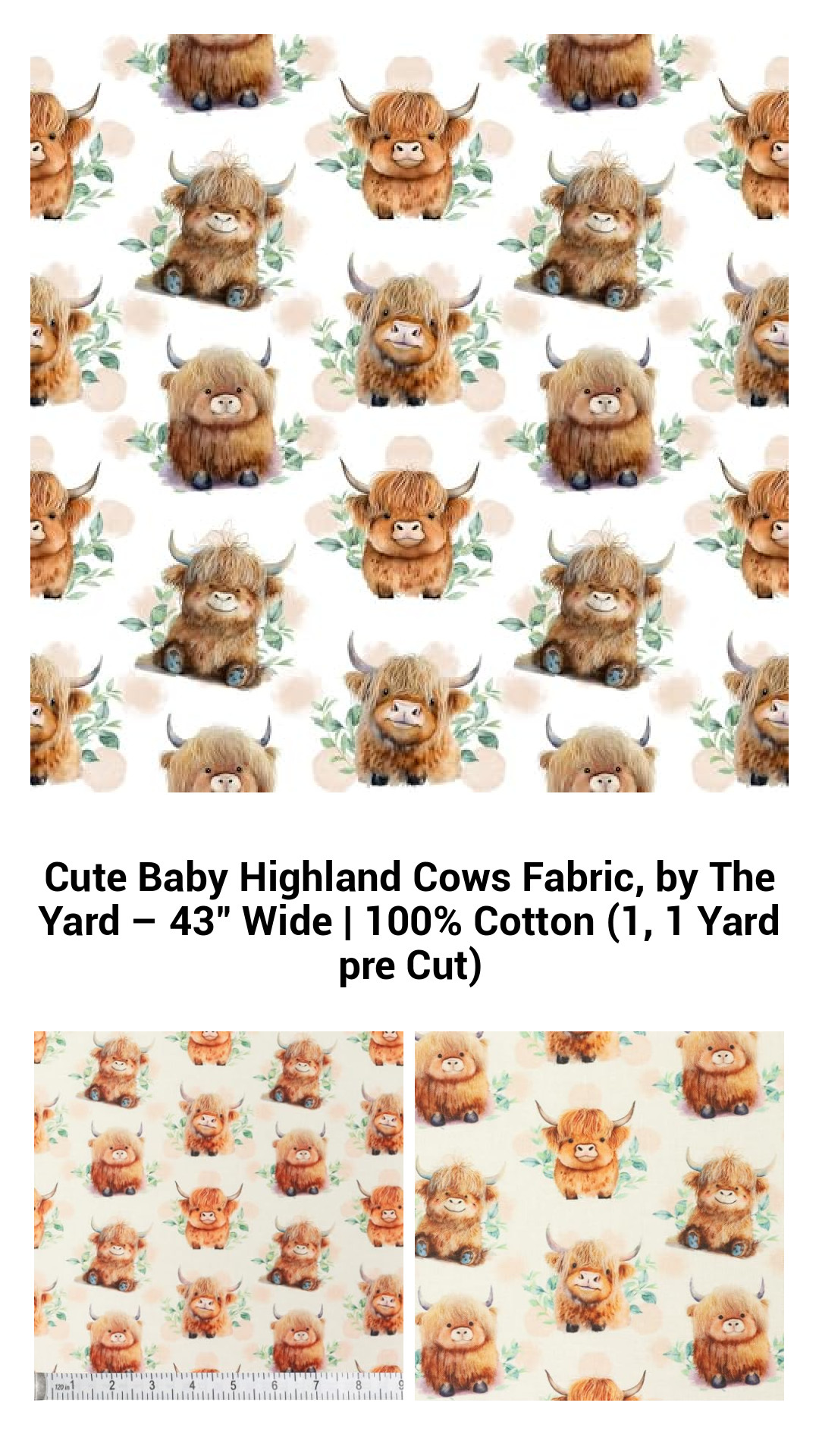 Adorable Baby Highland Cows Fabric by the Yard – 100% Cotton, 43" Wide, Perfect for Quilting and Crafts
