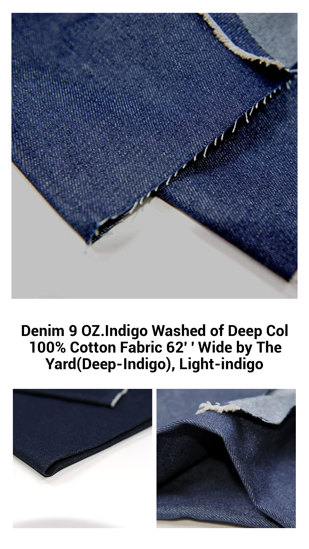Denim 9 OZ.Indigo Washed of Deep Col 100% Cotton Fabric 62' ' Wide by The Yard(Deep-Indigo), Light-indigo Denim 9 OZ.Indigo Washed of Deep Col 100% Cotton Fabric 62' ' Wide by The Yard(Deep-Indigo), Light-indigo
