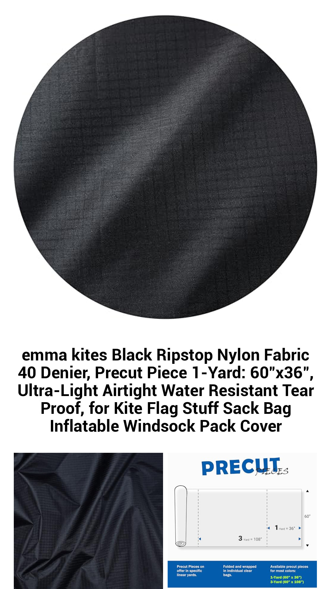 Ultra-Light 40D Ripstop Nylon Fabric - Black Precut 1-Yard Piece 60"x36", Water Resistant, Tear Proof Material for Kites, Flags, Inflatable Gear, and Outdoor Projects