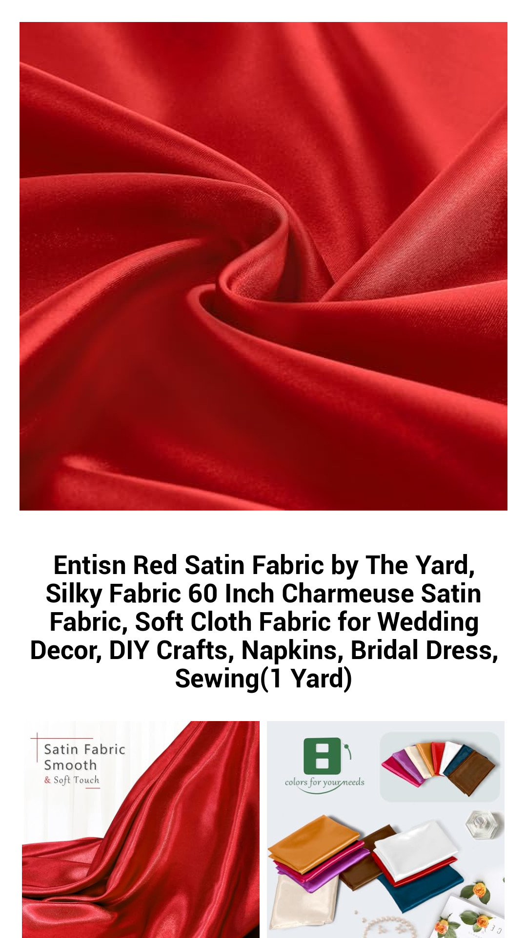 Entisn Red Satin Fabric by The Yard, Silky Fabric 60 Inch Charmeuse Satin Fabric, Soft Cloth Fabric for Wedding Decor, DIY Crafts, Napkins, Bridal Dress, Sewing(1 Yard) Entisn Red Satin Fabric by The Yard, Silky Fabric 60 Inch Charmeuse Satin Fabric, Soft Cloth Fabric for Wedding Decor, DIY Crafts, Napkins, Bridal Dress, Sewing(1 Yard)