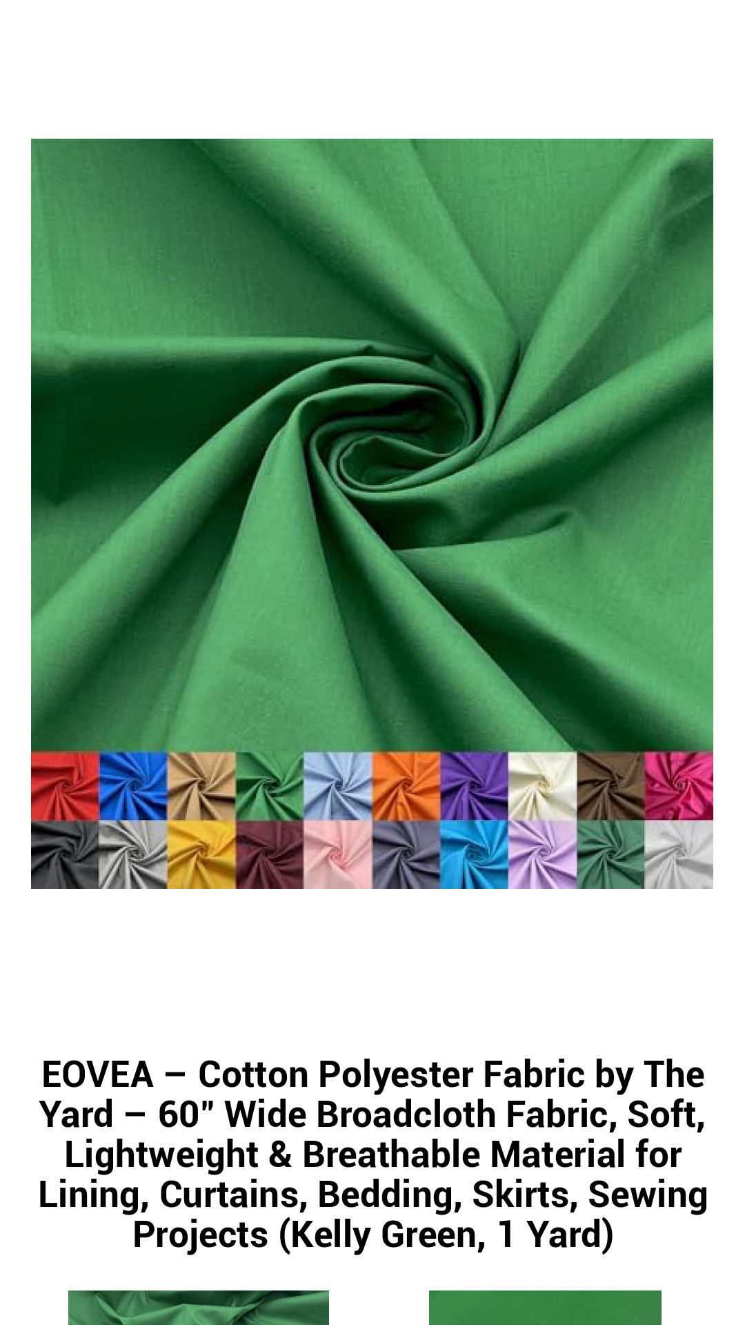 EOVEA Cotton-Polyester Broadcloth Fabric - 60" Wide Soft, Lightweight, and Breathable Material for Sewing Projects, Home Décor, and Apparel (Kelly Green, 1 Yard)
