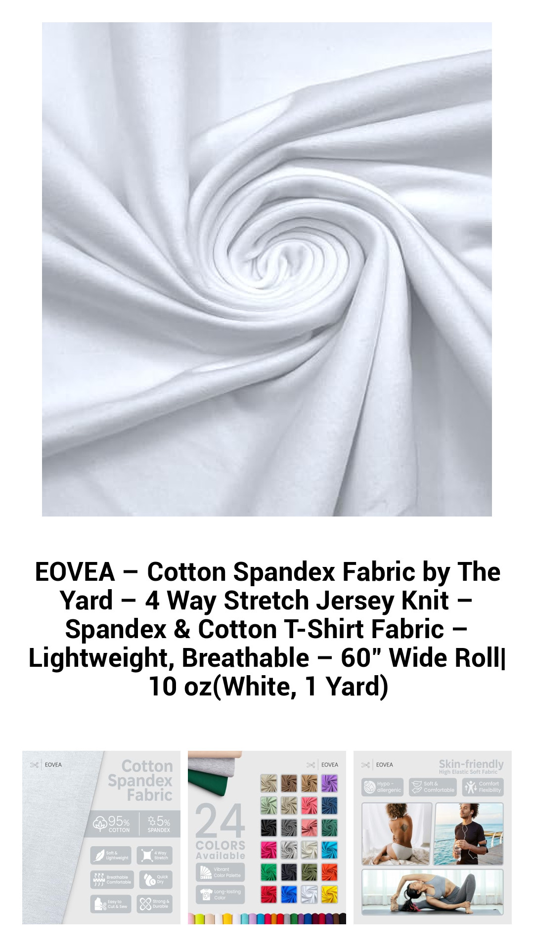 EOVEA Premium 4-Way Stretch Cotton Spandex Fabric – Soft, Breathable Jersey Knit – Versatile T-Shirt Material, 60” Wide Roll, 10 oz (White, 1 Yard)