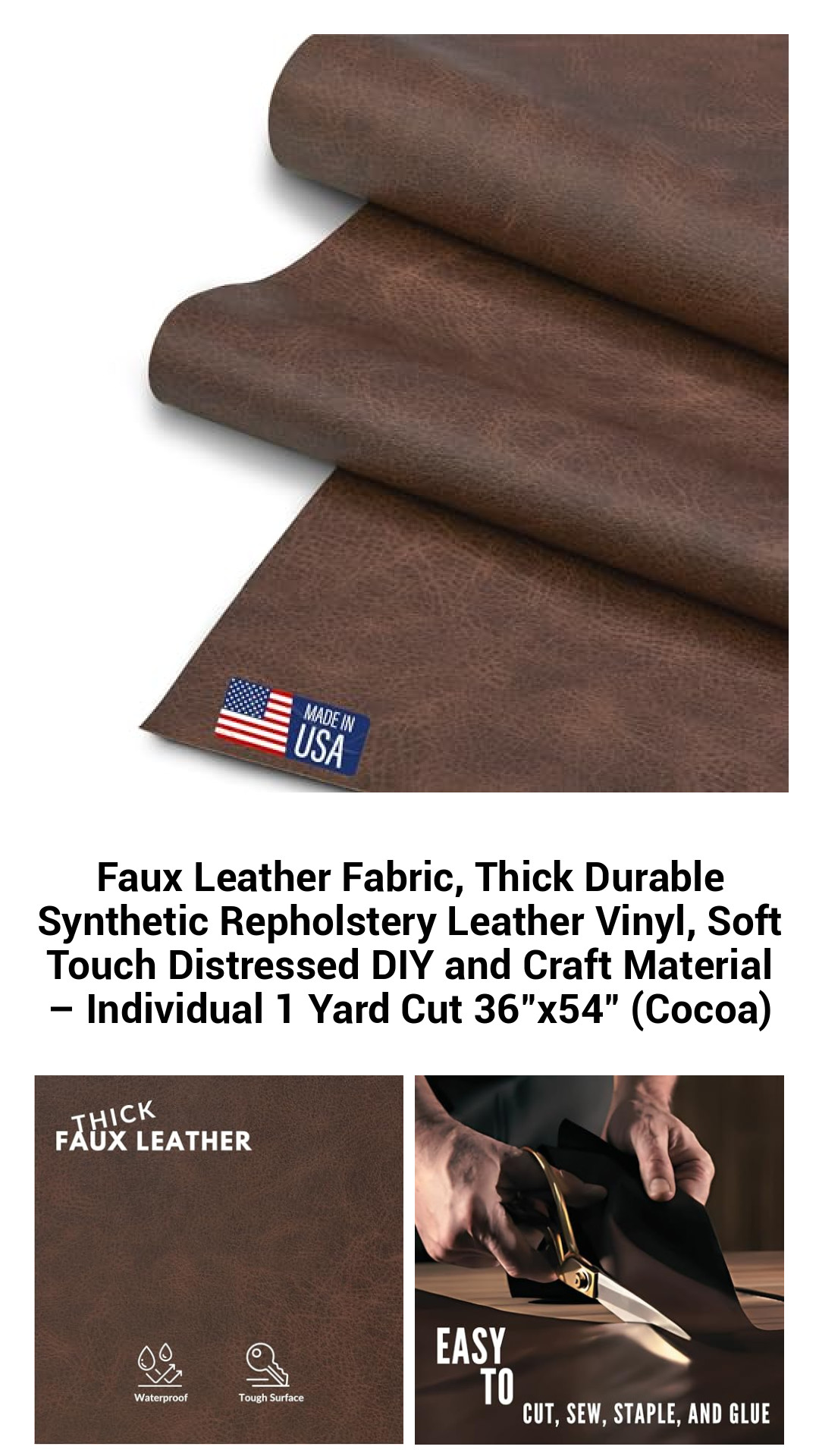 Premium Distressed Faux Leather Fabric - Thick, Durable Synthetic Upholstery Vinyl for DIY Crafts - One Yard Cut 36"x54" (Cocoa)