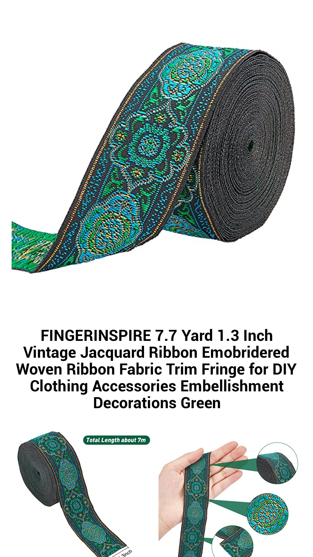 Vintage Jacquard Woven Ribbon Trim - 7.7 Yards of Embroidered Floral Fabric for DIY Crafts, Home Decor & Accessories in Elegant Green