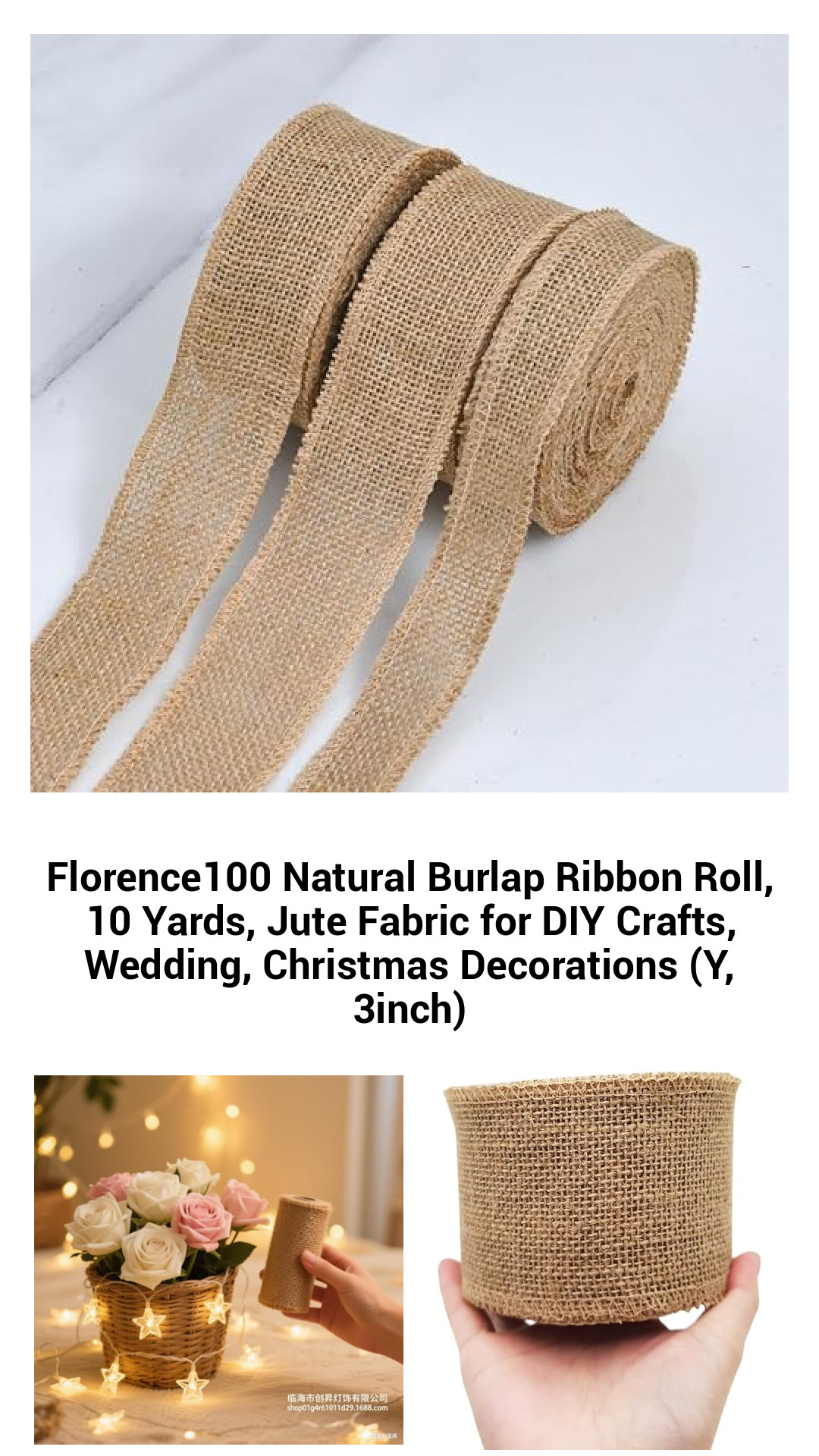 Florence100 Natural Burlap Ribbon Roll, 10 Yards, Jute Fabric for DIY Crafts, Wedding, Christmas Decorations (Y, 3inch) Florence100 Natural Burlap Ribbon Roll, 10 Yards, Jute Fabric for DIY Crafts, Wedding, Christmas Decorations (Y, 3inch)