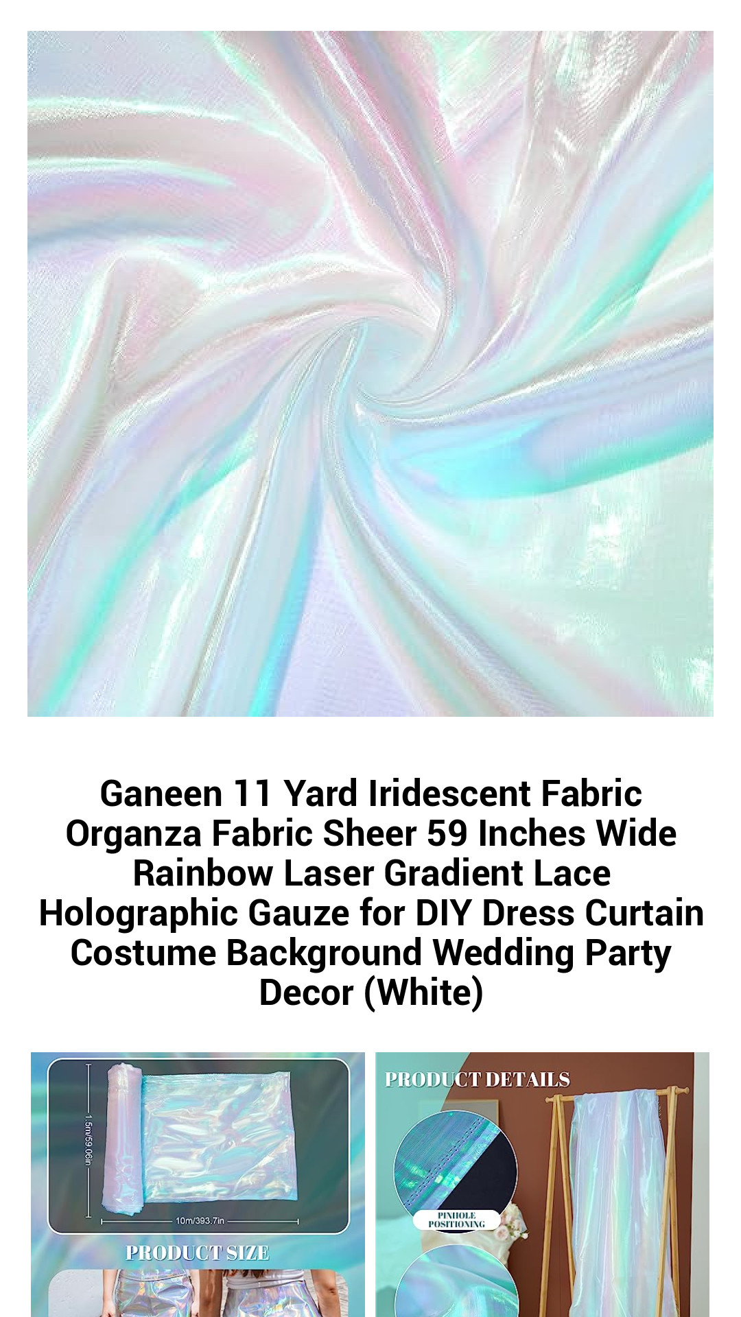 Iridescent Organza Fabric - 11 Yards of Rainbow Holographic Sheer Gauze for DIY Crafts, Dresses, Curtains, and Party Decor - 59 Inches Wide