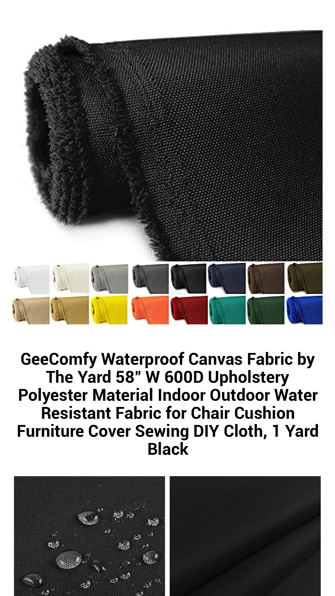 Premium Waterproof Canvas Upholstery Fabric - 58" Wide 600D Polyester for Indoor-Outdoor Projects - Versatile Water-Resistant Material by the Yard in Black