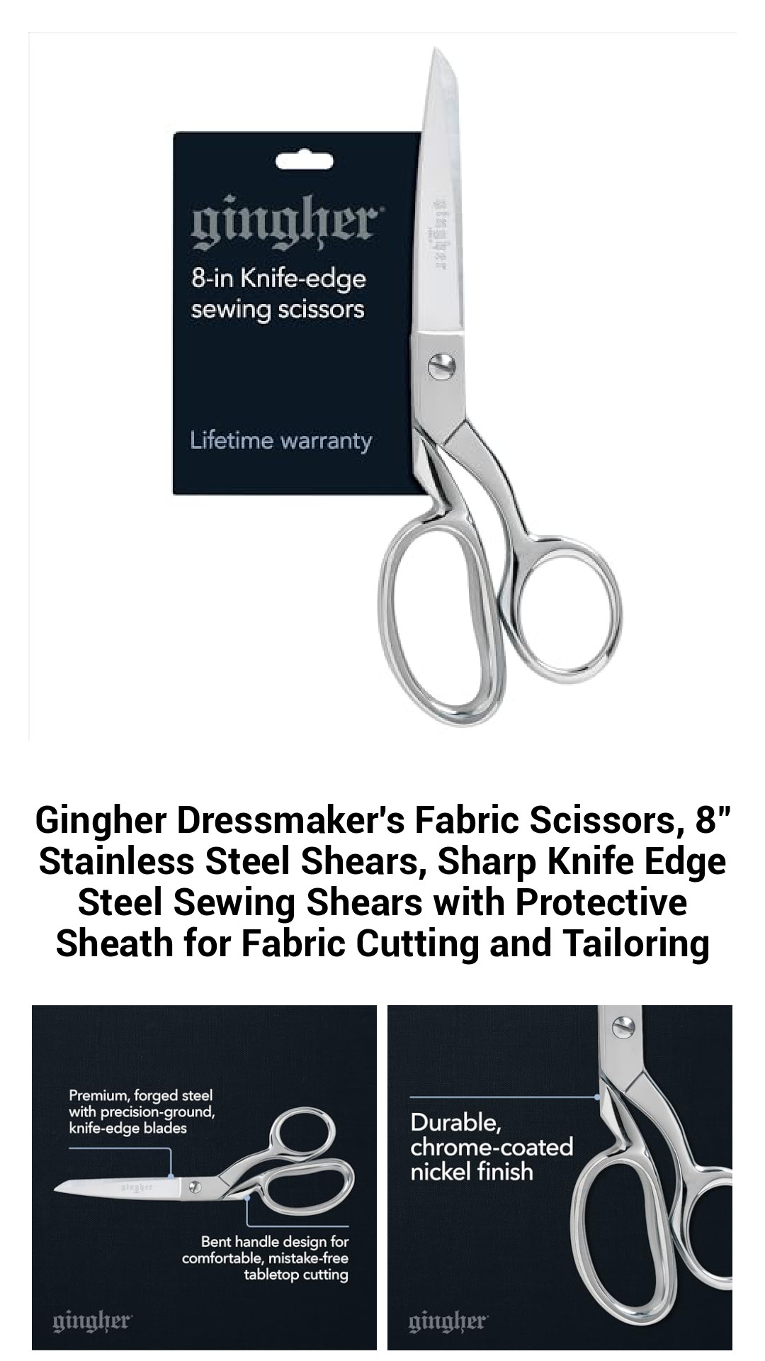 Gingher Dressmaker's Fabric Scissors, 8" Stainless Steel Shears, Sharp Knife Edge Steel Sewing Shears with Protective Sheath for Fabric Cutting and Tailoring Gingher Dressmaker's Fabric Scissors, 8" Stainless Steel Shears, Sharp Knife Edge Steel Sewing Shears with Protective Sheath for Fabric Cutting and Tailoring