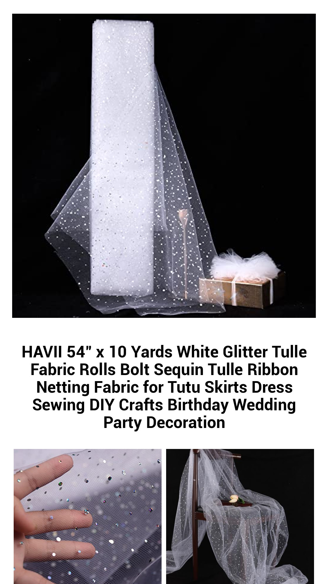 Premium 54" x 10 Yards White Glitter Tulle Fabric Roll - Sequin-Embellished Mesh for Tutu Skirts, Dressmaking, and Elegant Party Decorations