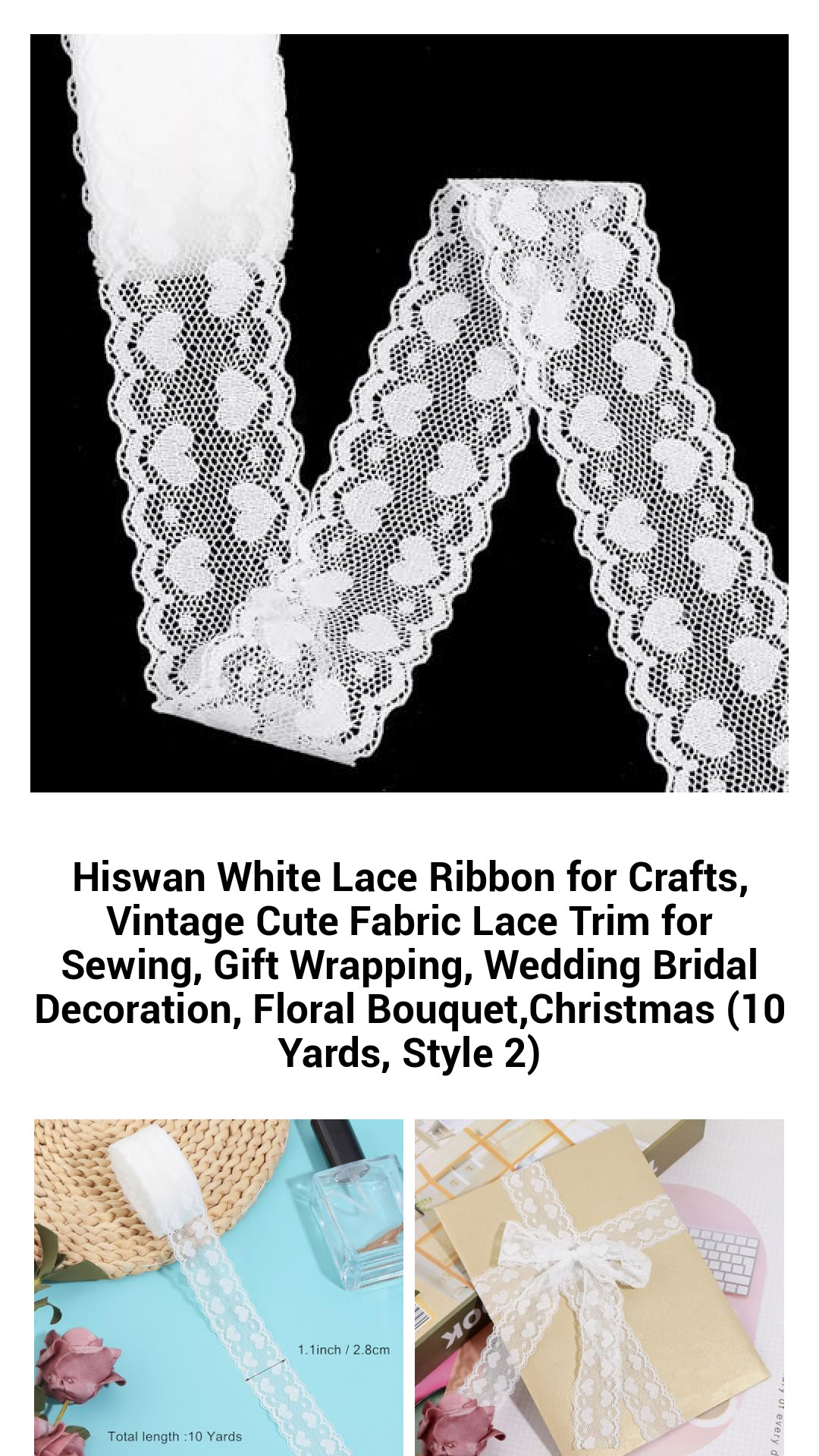 Luxurious White Lace Trim Ribbon for Crafts - 10 Yards of Vintage Floral Fabric for Sewing, Gift Wrapping, Weddings, and DIY Projects