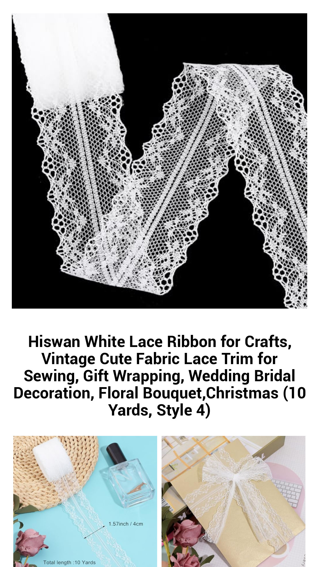 Hiswan Elegant White Lace Ribbon – 10 Yards of Vintage Floral Trim for Crafting, Sewing, Gift Wrapping, and Wedding Decor