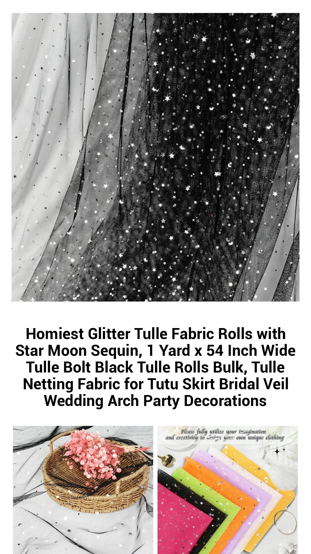 Enchanting Star & Moon Sequin Tulle Fabric Roll - 1 Yard x 54 Inch Black Glitter Tulle for Weddings, Parties, and DIY Creations
