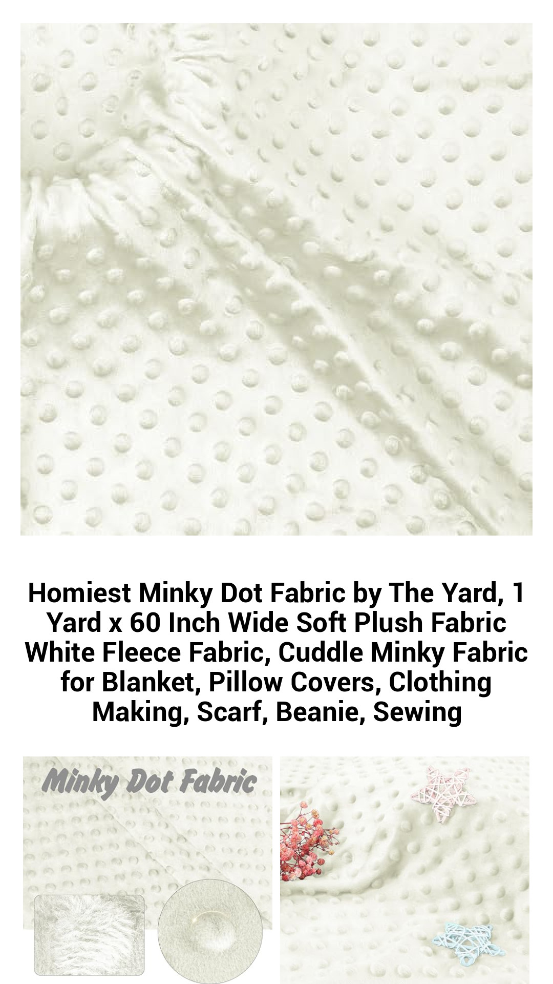 Ultra-Soft Minky Dot Fabric by The Yard - Luxurious Plush Fleece for Blankets, Clothing, and Home Decor - 1 Yard x 60 Inch White Cuddle Fabric
