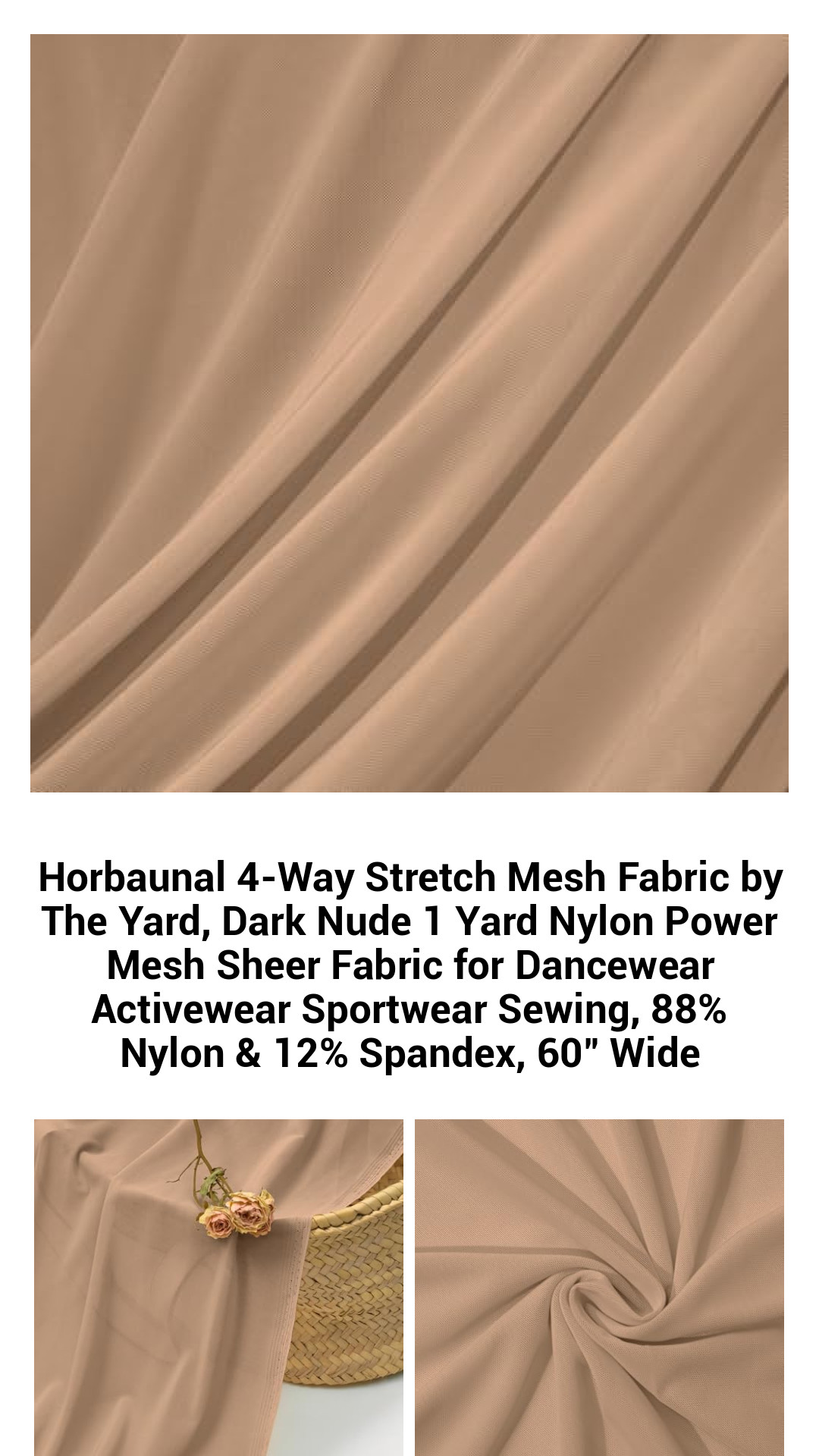 Premium Dark Nude 4-Way Stretch Nylon Power Mesh Fabric - 60" Wide Sheer Mesh for Dancewear, Activewear, and Fashion Sewing
