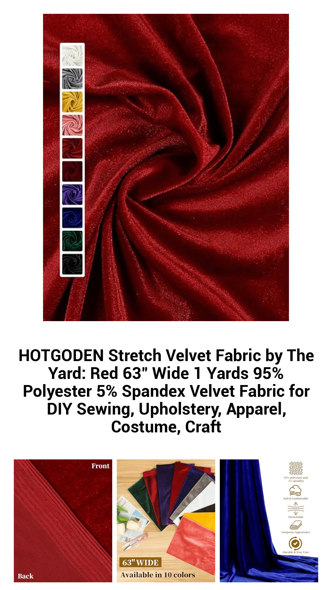 HOTGODEN Stretch Velvet Fabric by The Yard: Red 63" Wide 1 Yards 95% Polyester 5% Spandex Velvet Fabric for DIY Sewing, Upholstery, Apparel, Costume, Craft HOTGODEN Stretch Velvet Fabric by The Yard: Red 63" Wide 1 Yards 95% Polyester 5% Spandex Velvet Fabric for DIY Sewing, Upholstery, Apparel, Costume, Craft