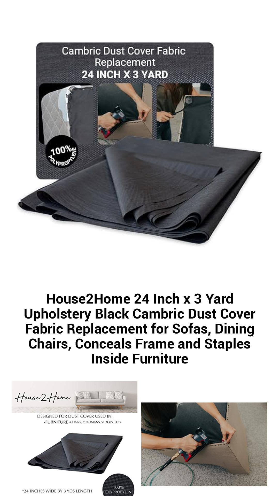 Upholstery Black Cambric Dust Cover Fabric - 24 Inch x 3 Yard Replacement for Sofas and Chairs - Conceal Frames and Staples with Ease