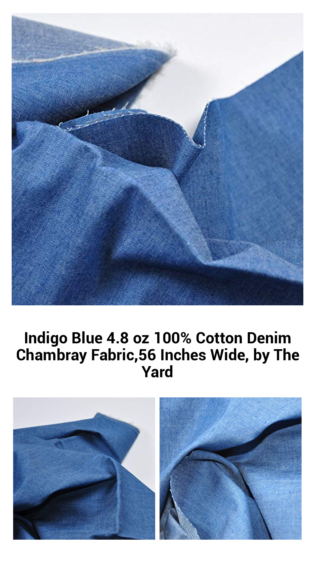 Premium Indigo Blue 100% Cotton Chambray Denim Fabric - Soft, Durable, 56 Inches Wide, Perfect for Fashion Projects