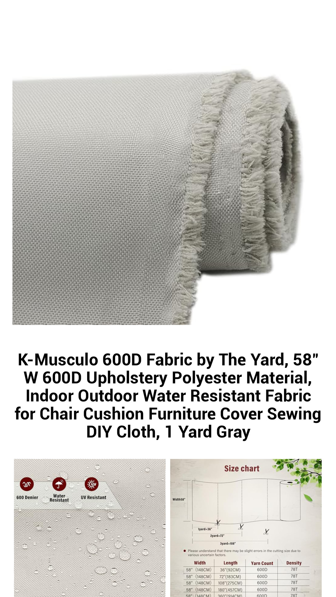 K-Musculo 600D Fabric by The Yard, 58" W 600D Upholstery Polyester Material, Indoor Outdoor Water Resistant Fabric for Chair Cushion Furniture Cover Sewing DIY Cloth, 1 Yard Gray K-Musculo 600D Fabric by The Yard, 58" W 600D Upholstery Polyester Material, Indoor Outdoor Water Resistant Fabric for Chair Cushion Furniture Cover Sewing DIY Cloth, 1 Yard Gray