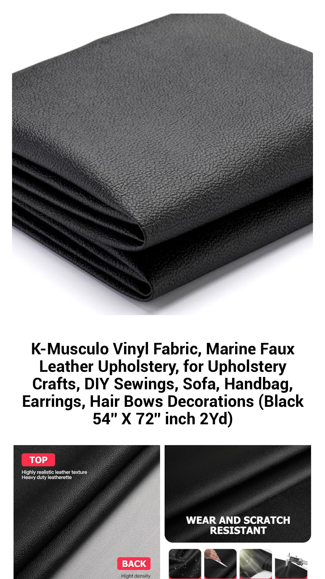 Premium Marine-Grade Vinyl Fabric - Versatile Faux Leather Upholstery for DIY Crafts, Furniture, and Accessories (Black 54" x 72" 2 Yards)