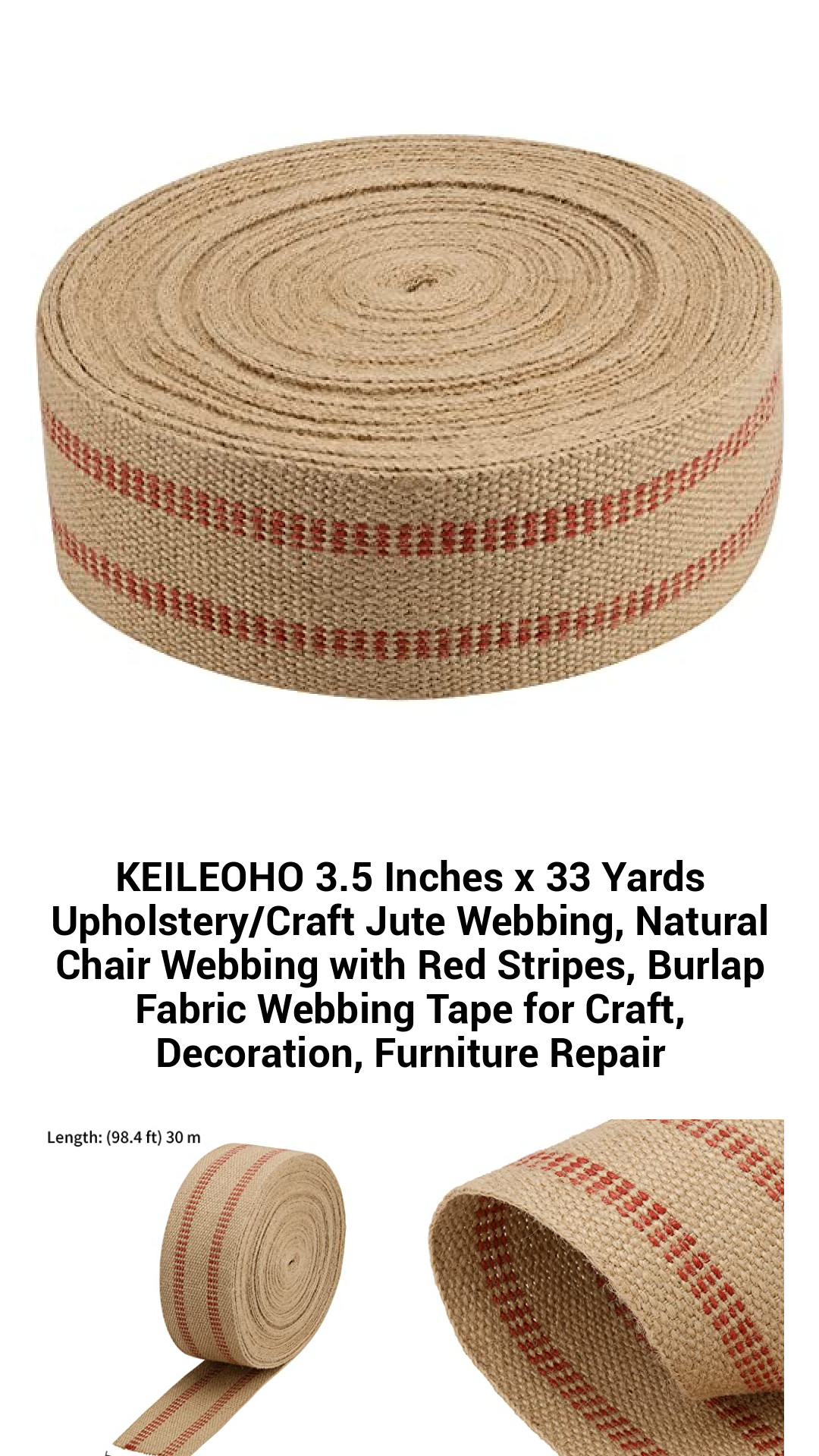 KEILEOHO 3.5 Inches x 33 Yards Upholstery/Craft Jute Webbing, Natural Chair Webbing with Red Stripes, Burlap Fabric Webbing Tape for Craft, Decoration, Furniture Repair KEILEOHO 3.5 Inches x 33 Yards Upholstery/Craft Jute Webbing, Natural Chair Webbing with Red Stripes, Burlap Fabric Webbing Tape for Craft, Decoration, Furniture Repair