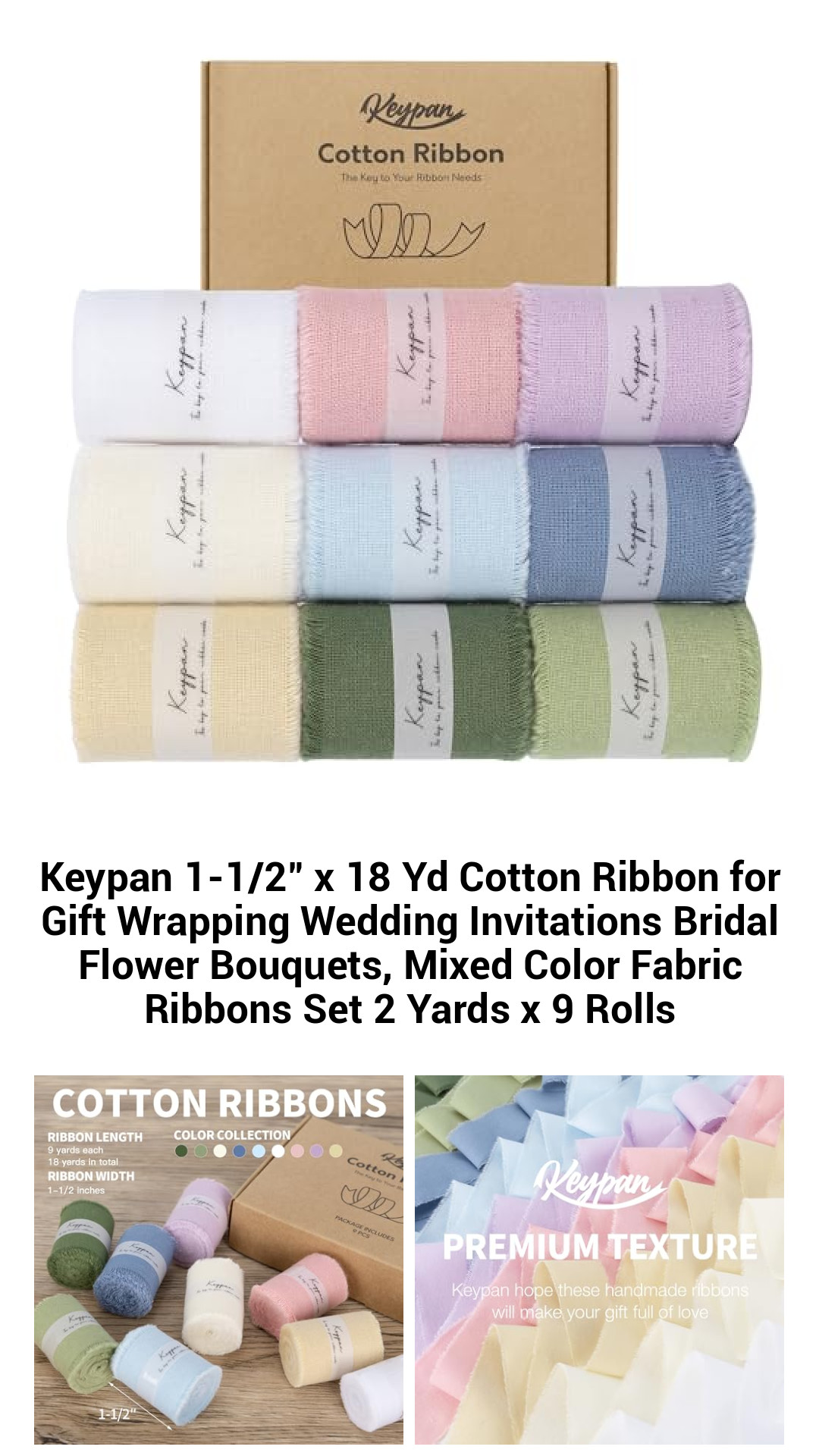 Premium 1.5-Inch x 18-Yard Cotton Ribbon Set – 9 Rolls of Vibrant Colors for Gift Wrapping, Wedding Decor, and DIY Crafts